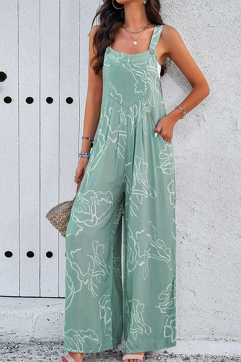 🌊 Printed Wide Strap Jumpsuit with Pockets 🌊