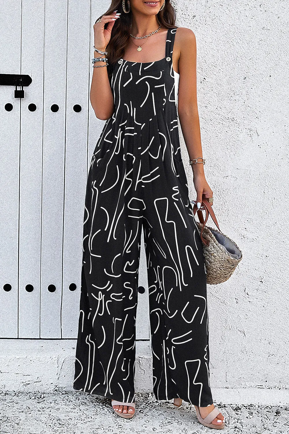 🌊 Printed Wide Strap Jumpsuit with Pockets 🌊