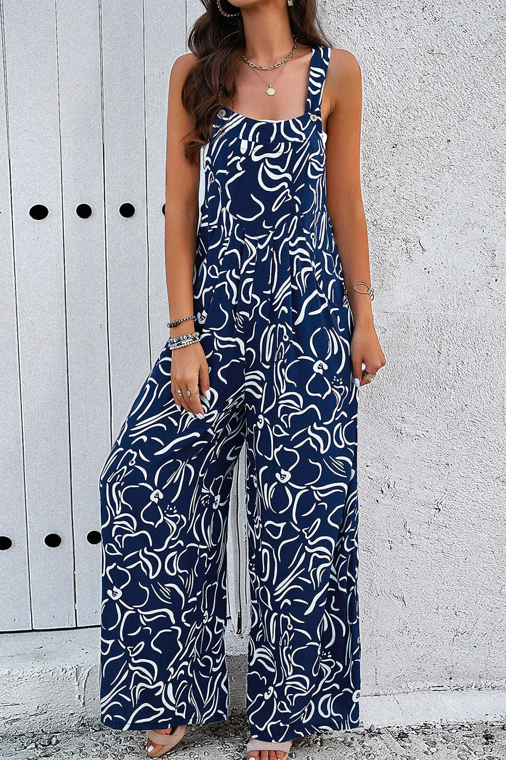 🌊 Printed Wide Strap Jumpsuit with Pockets 🌊