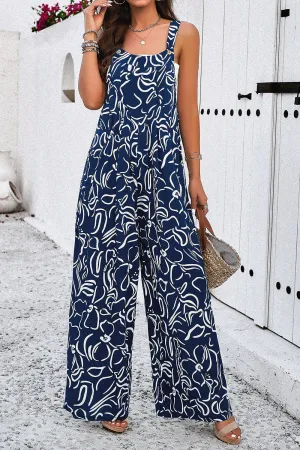 🌊 Printed Wide Strap Jumpsuit with Pockets 🌊