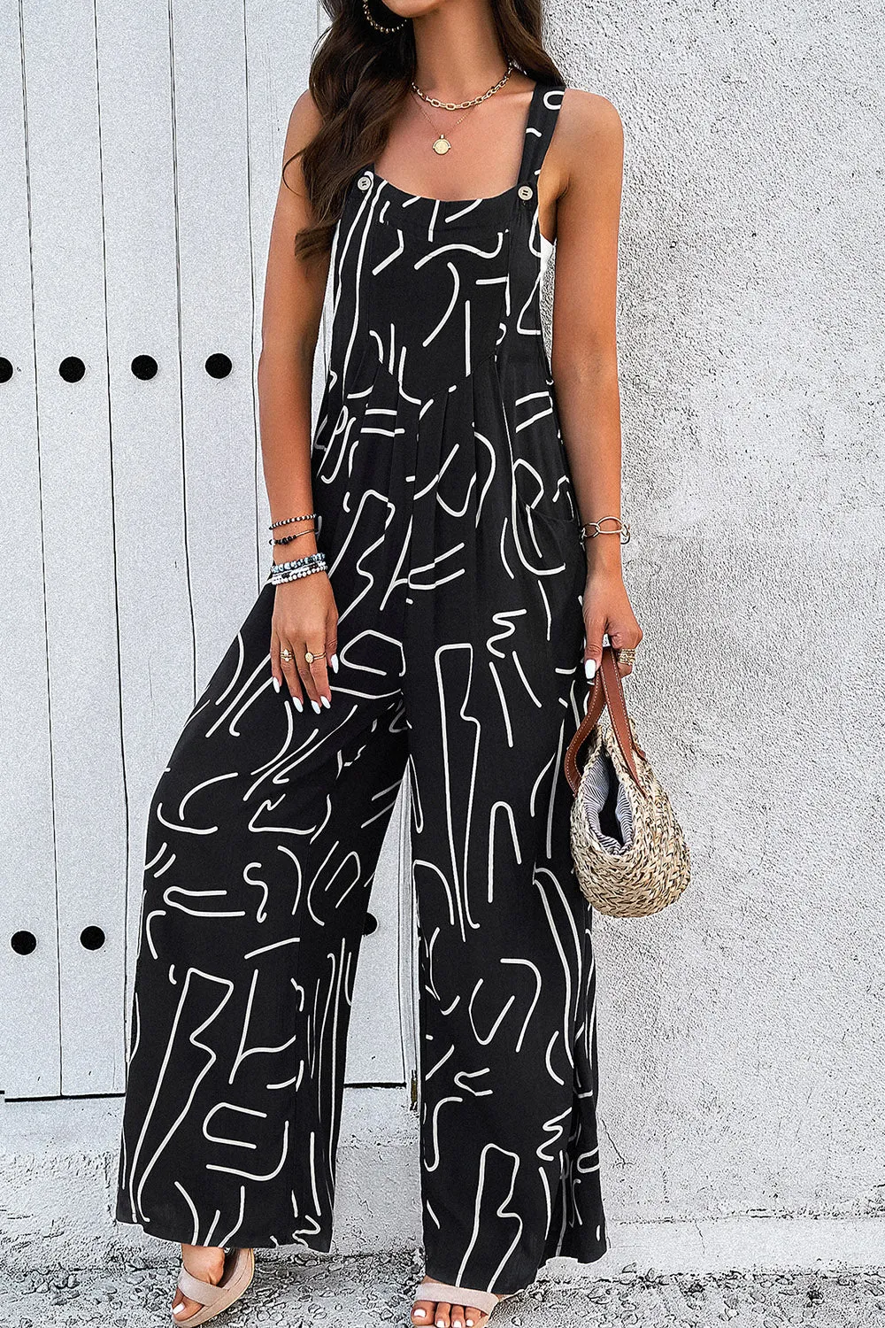 🌊 Printed Wide Strap Jumpsuit with Pockets 🌊