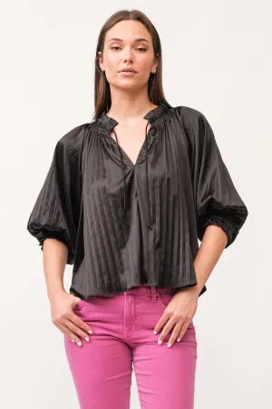 ANAIS RUCHED NECK 3/4 SLEEVE PLEATED TOP BLACK