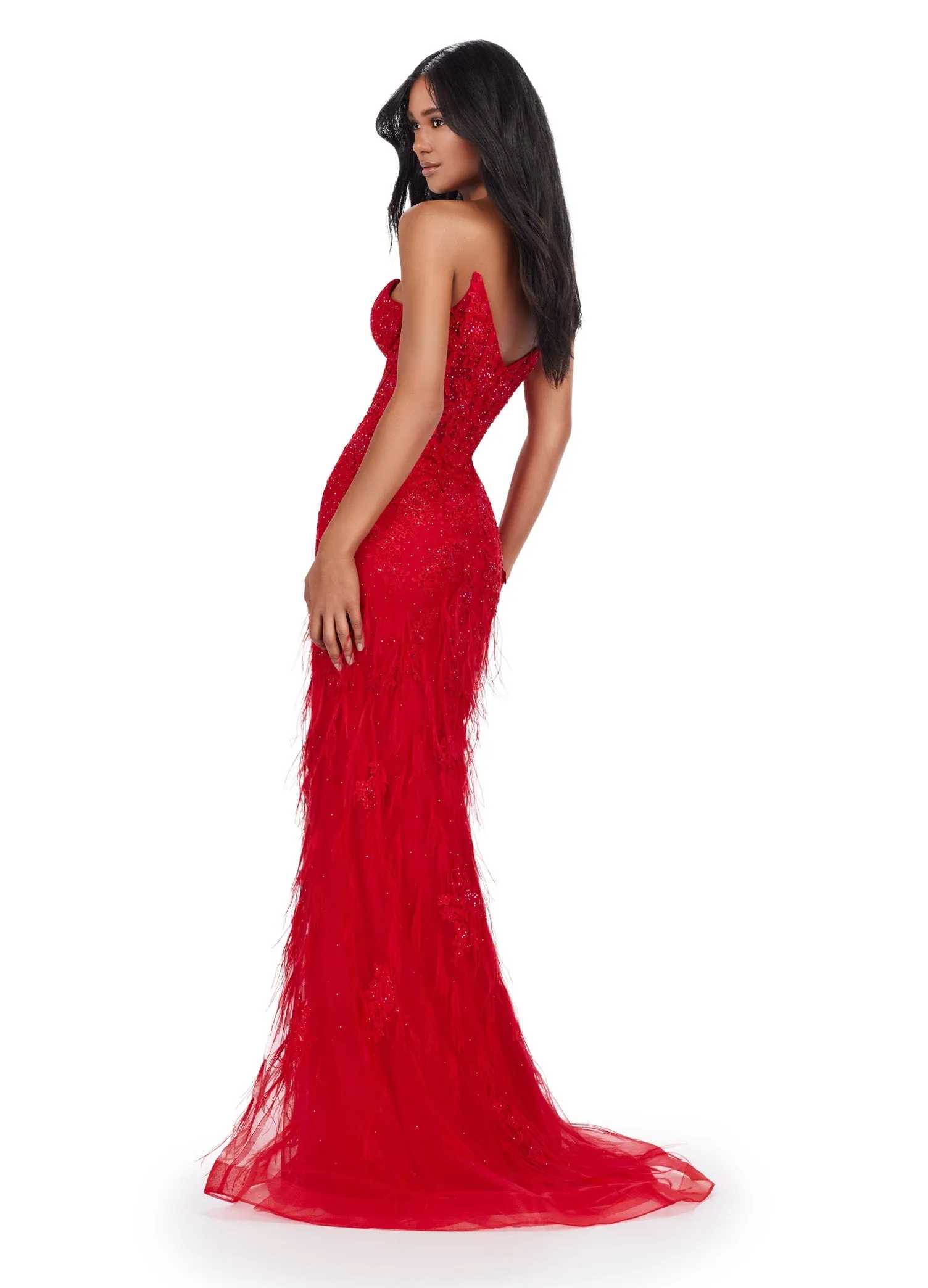 Ashley Lauren 11483 Size 2 Hot Pink Long Prom Dress Corset Strapless Embroidered Gown V-Neckline Feather Details Formal Pageant Gown
