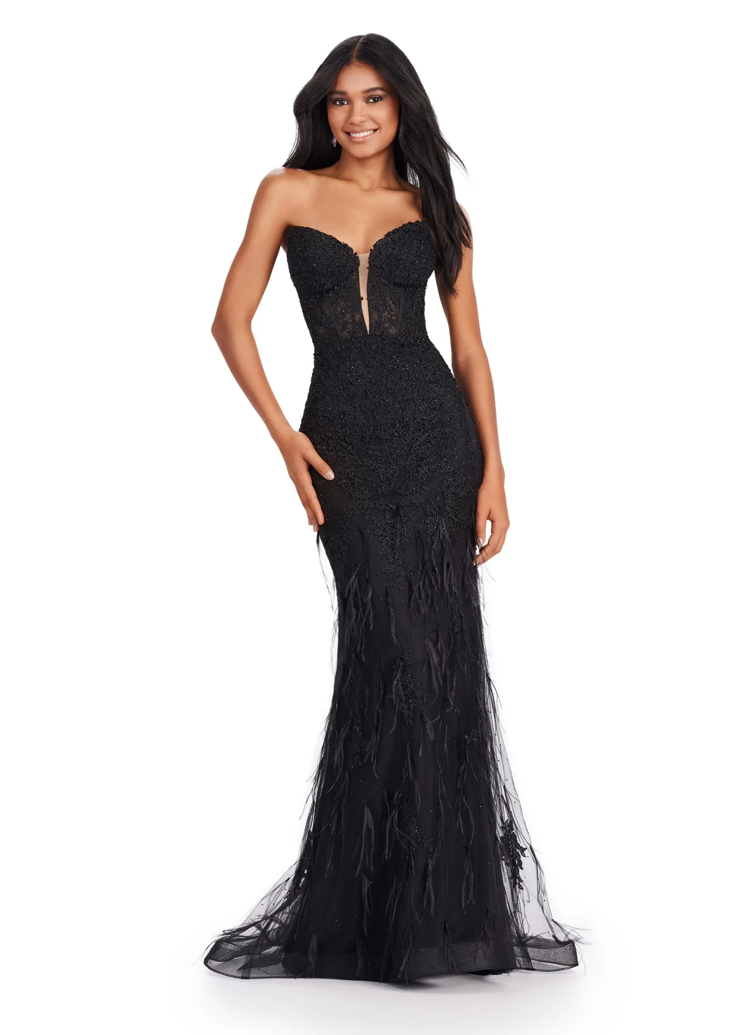 Ashley Lauren 11483 Size 2 Hot Pink Long Prom Dress Corset Strapless Embroidered Gown V-Neckline Feather Details Formal Pageant Gown