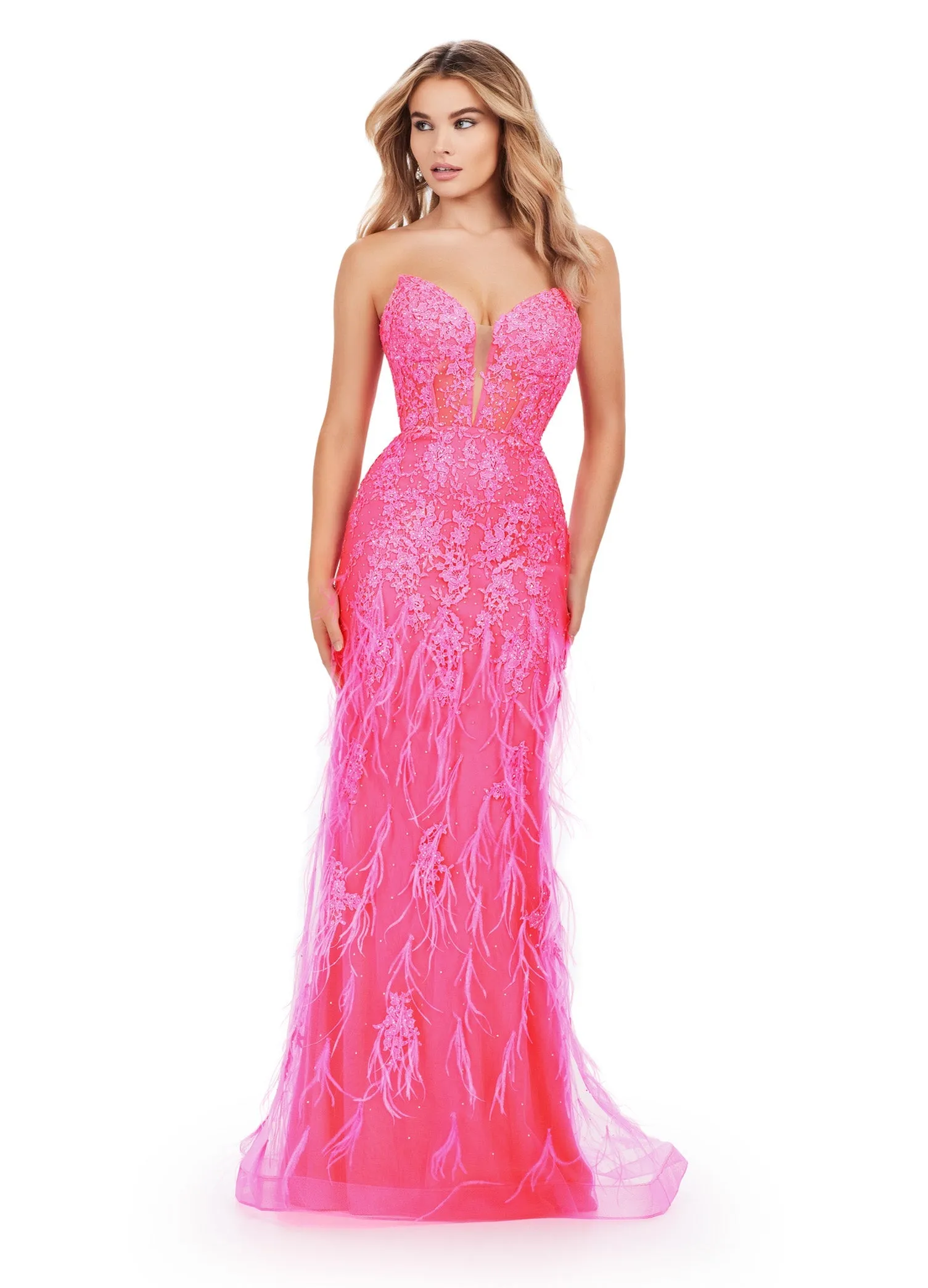 Ashley Lauren 11483 Size 2 Hot Pink Long Prom Dress Corset Strapless Embroidered Gown V-Neckline Feather Details Formal Pageant Gown