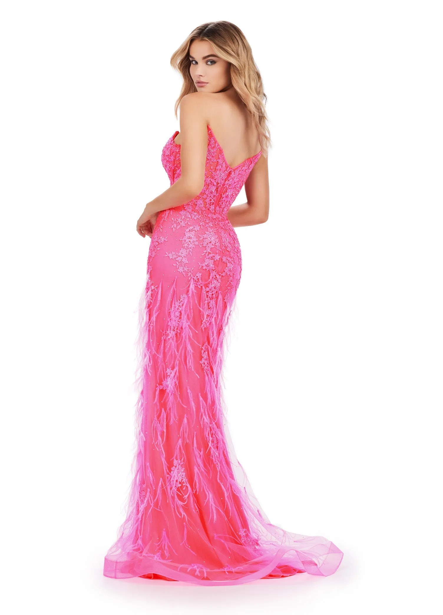 Ashley Lauren 11483 Size 2 Hot Pink Long Prom Dress Corset Strapless Embroidered Gown V-Neckline Feather Details Formal Pageant Gown
