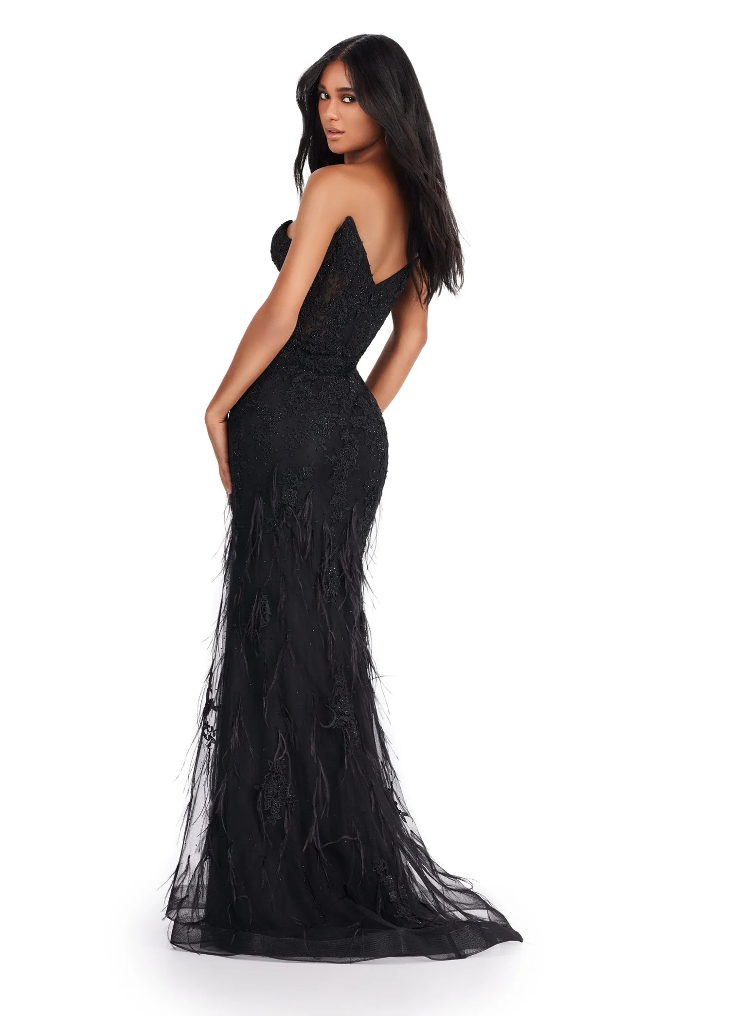 Ashley Lauren 11483 Size 2 Hot Pink Long Prom Dress Corset Strapless Embroidered Gown V-Neckline Feather Details Formal Pageant Gown