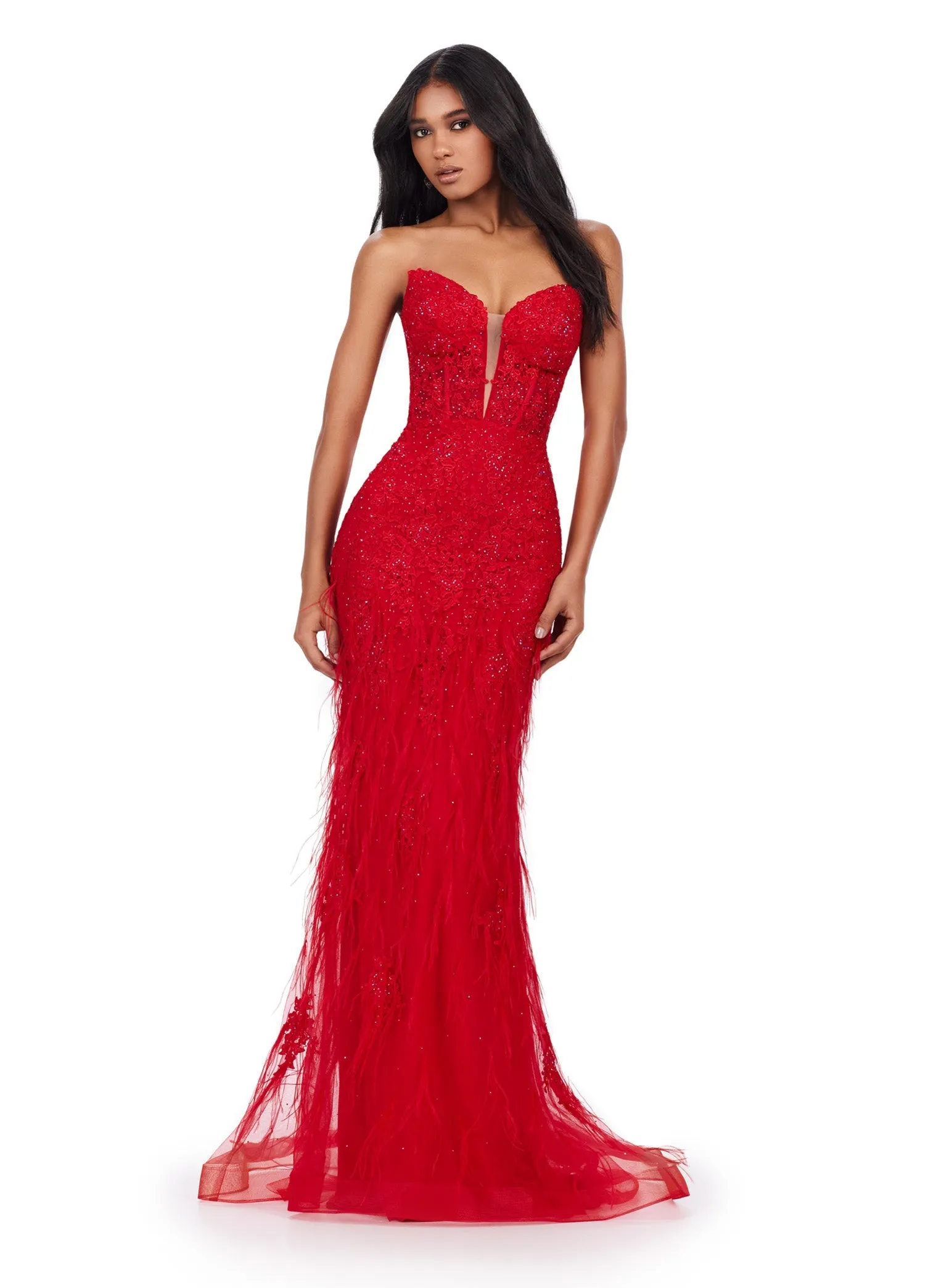 Ashley Lauren 11483 Size 2 Hot Pink Long Prom Dress Corset Strapless Embroidered Gown V-Neckline Feather Details Formal Pageant Gown