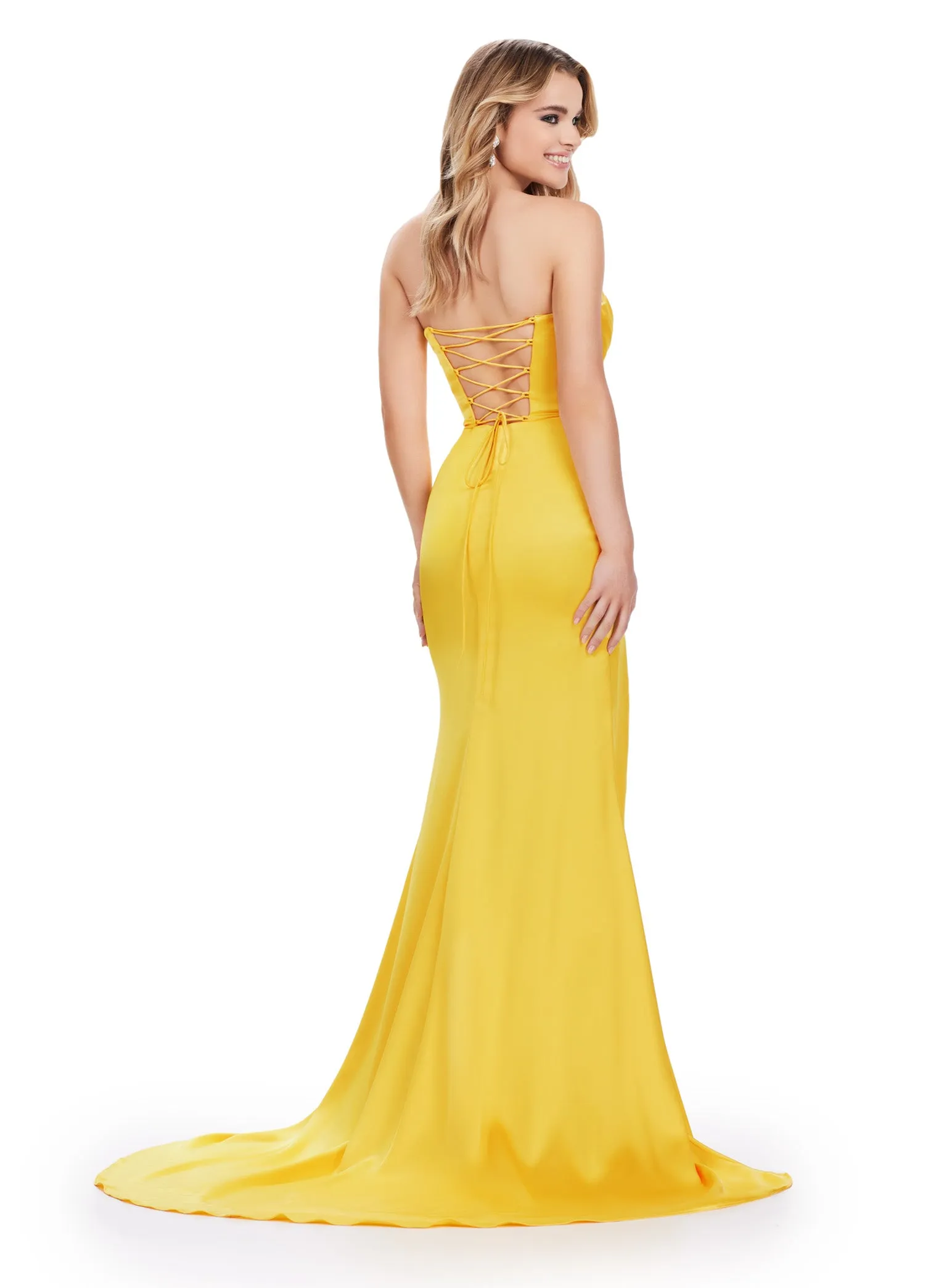 Ashley Lauren 11605 Long Prom Dress Strapless Satin Slit Lace Up Back Sweetheart Formal Pageant Gown