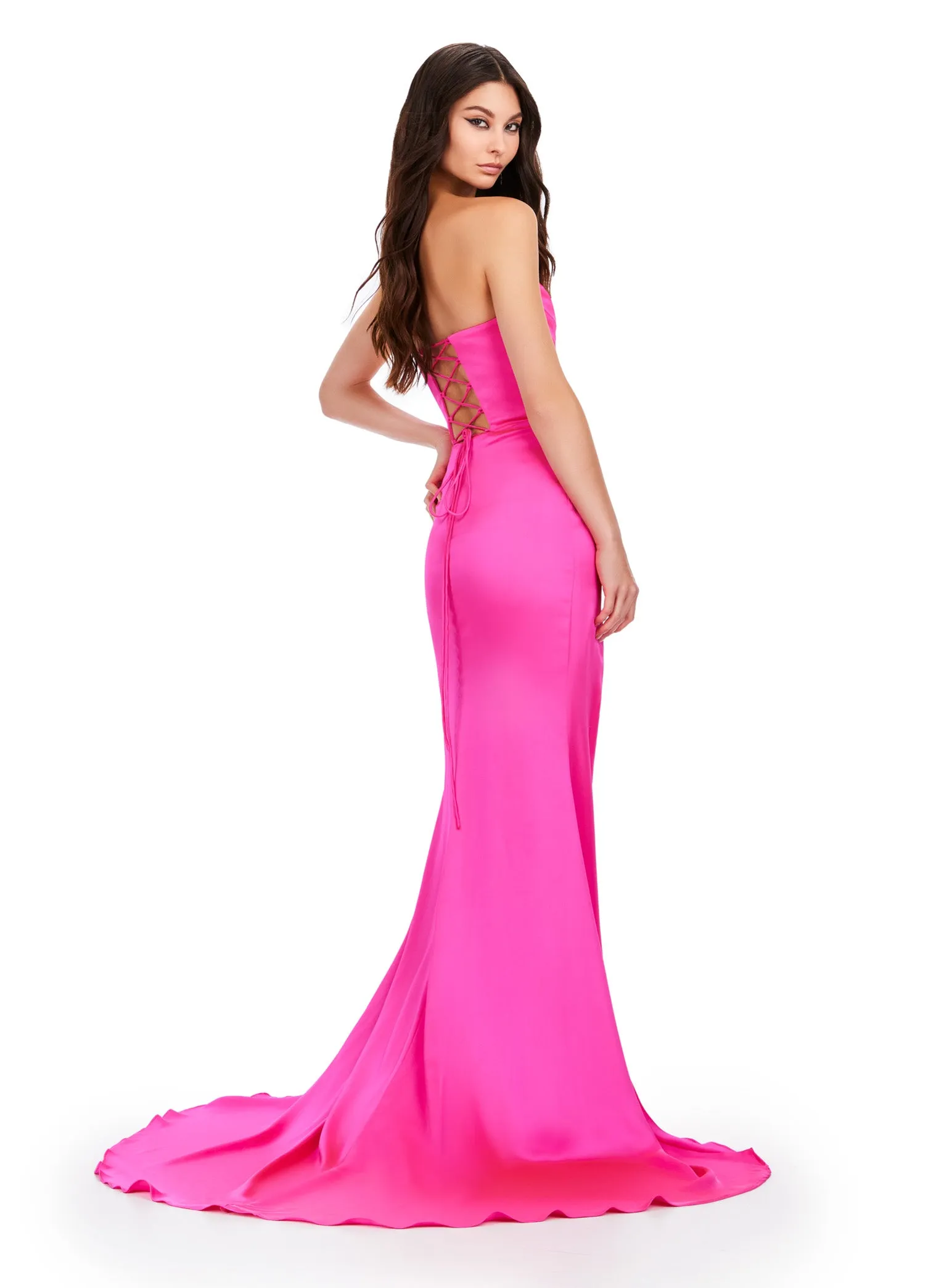 Ashley Lauren 11605 Long Prom Dress Strapless Satin Slit Lace Up Back Sweetheart Formal Pageant Gown
