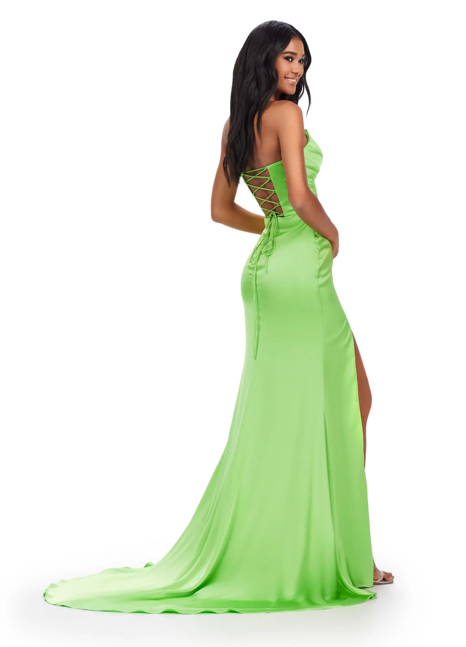 Ashley Lauren 11605 Long Prom Dress Strapless Satin Slit Lace Up Back Sweetheart Formal Pageant Gown