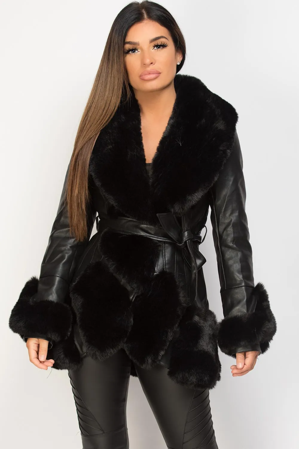 Black Faux Leather Belted Jacket With Faux Fur Trim