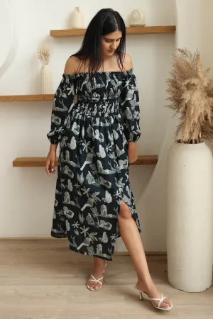 Black Smocked Print Midi Dress