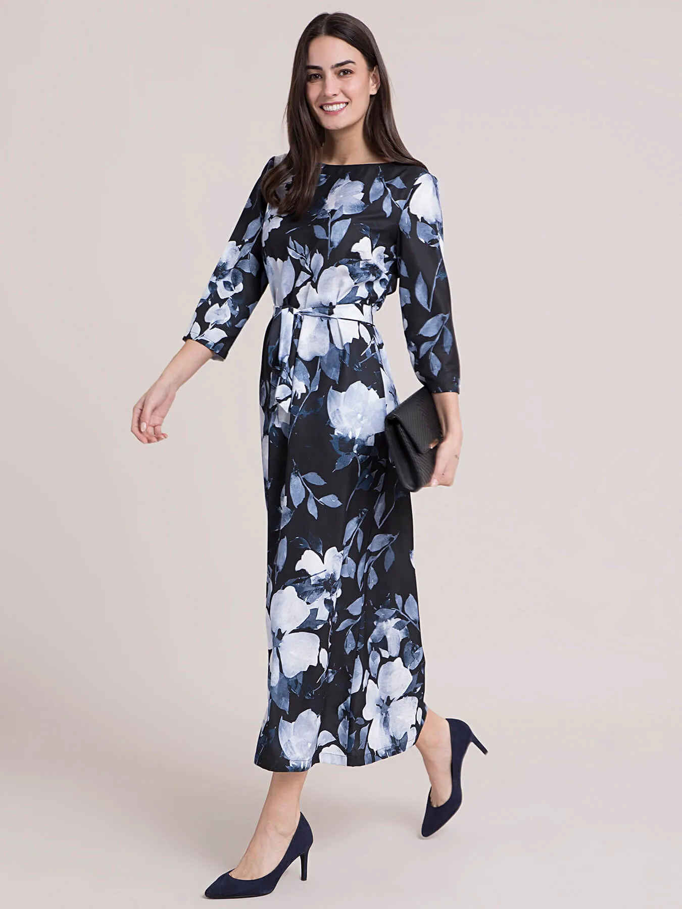Boat Neck Floral A Line Dress - Black and Navy Blue