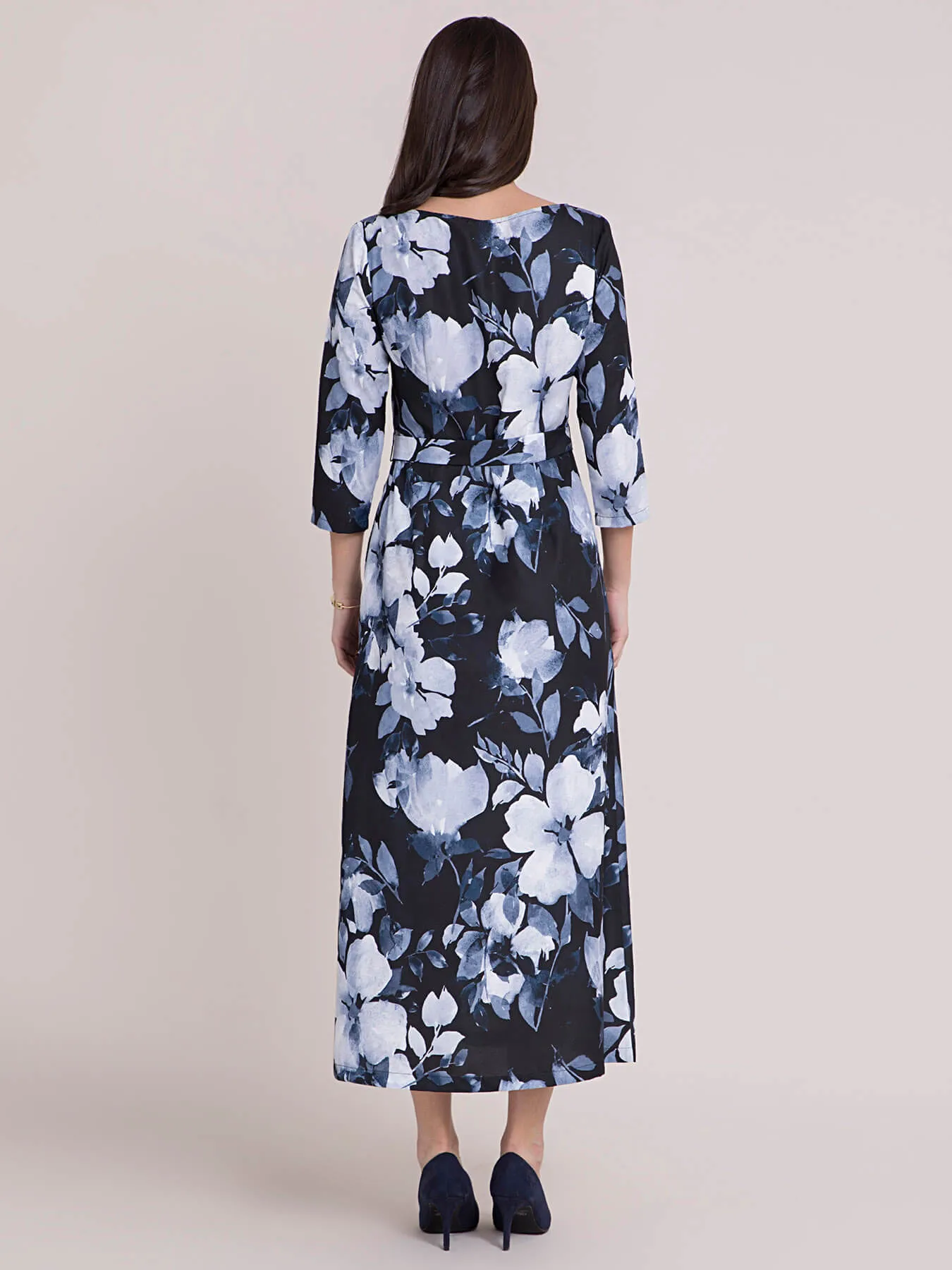 Boat Neck Floral A Line Dress - Black and Navy Blue