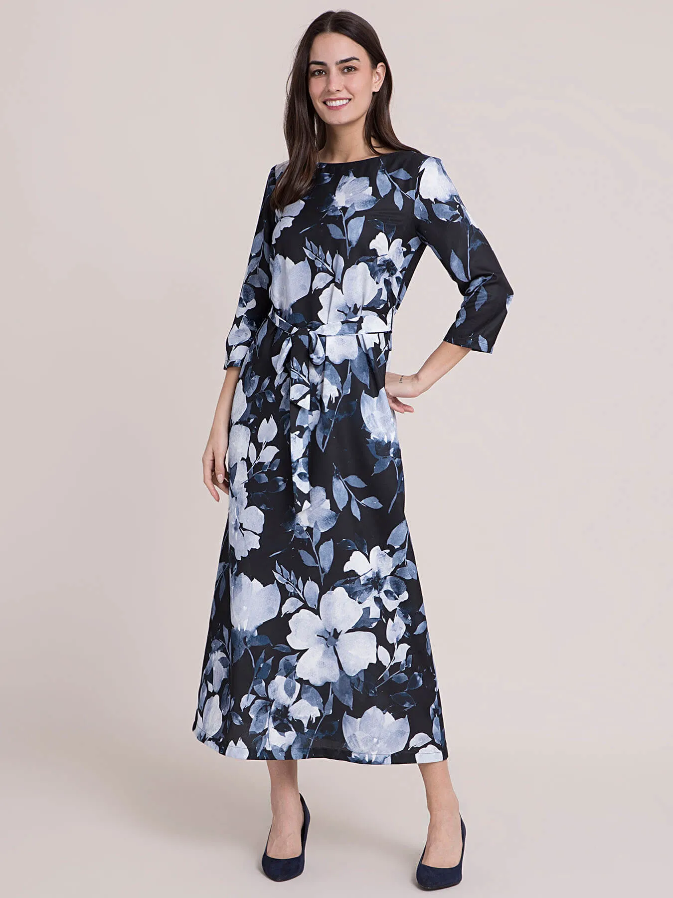 Boat Neck Floral A Line Dress - Black and Navy Blue