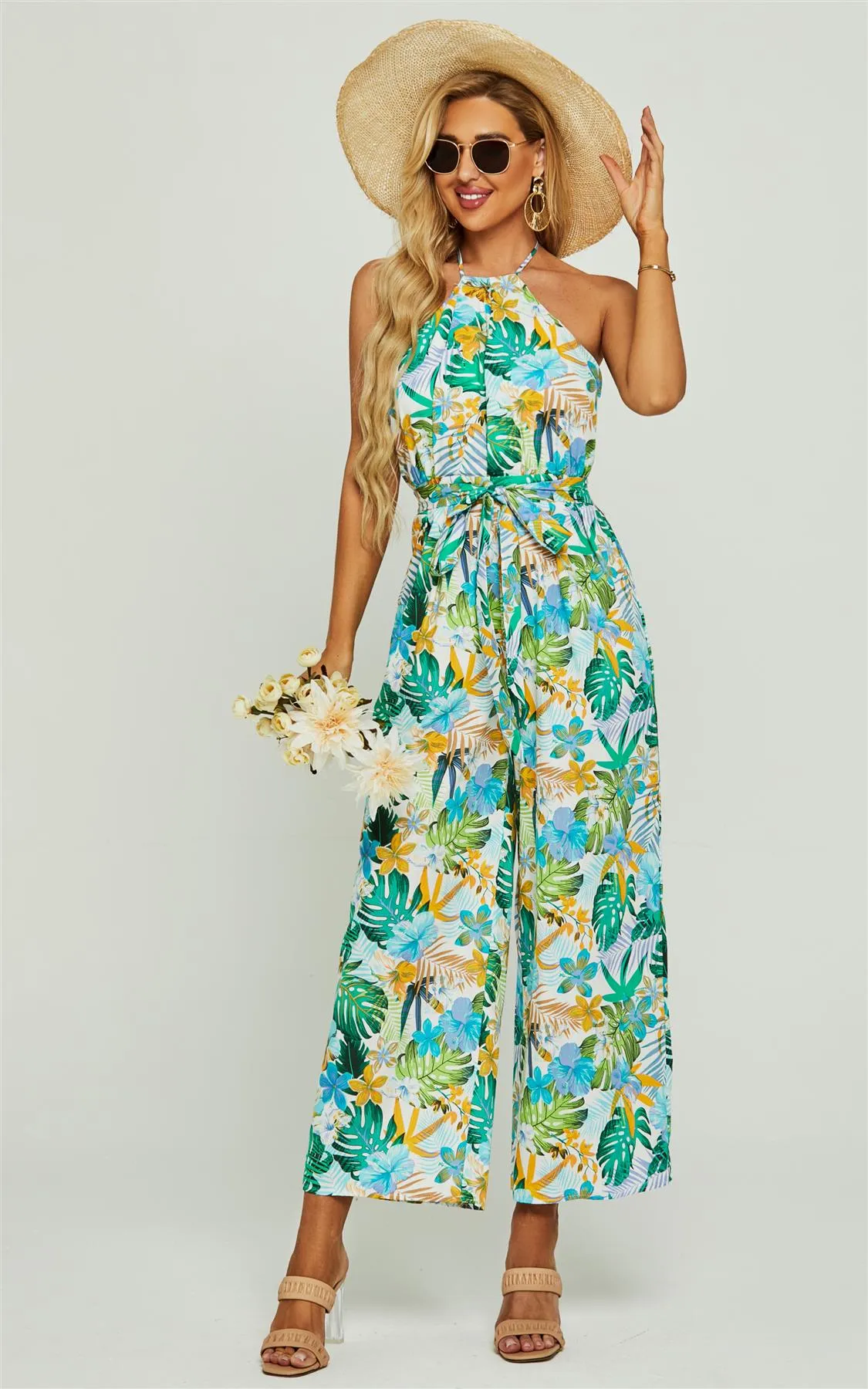 Boho Flora Print Halter Neck Jumpsuit In Green