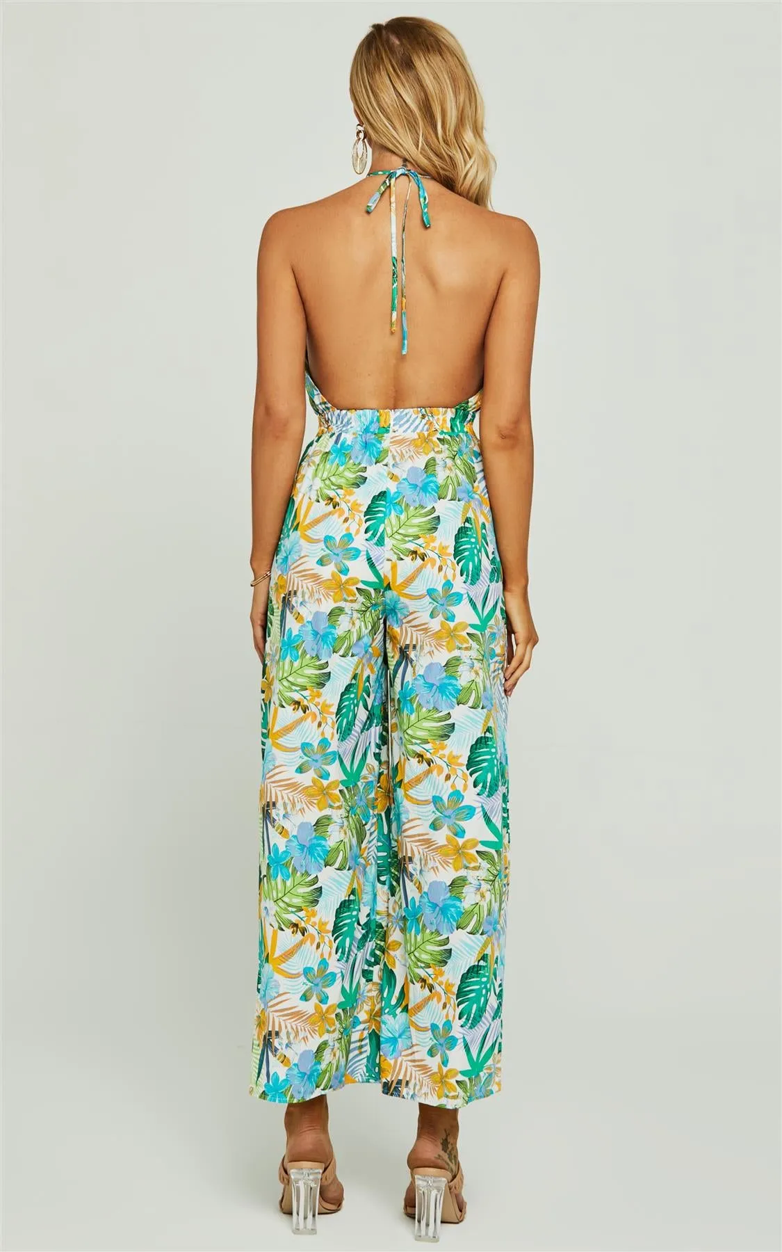 Boho Flora Print Halter Neck Jumpsuit In Green