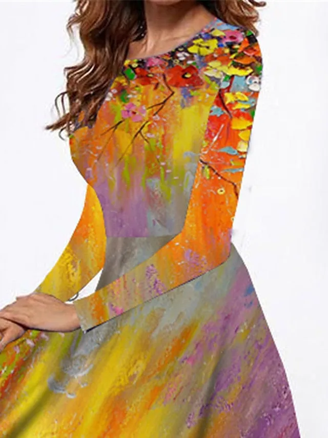 Casual Dress Shift Dress Swing Dress Floral Pocket Print Crew Neck Midi Dress Fashion Streetwear Outdoor Daily Long Sleeve Regular Fit Yellow Summer Spring S M L XL XXL for Women