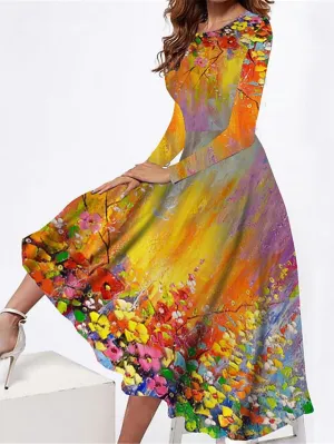 Casual Dress Shift Dress Swing Dress Floral Pocket Print Crew Neck Midi Dress Fashion Streetwear Outdoor Daily Long Sleeve Regular Fit Yellow Summer Spring S M L XL XXL for Women