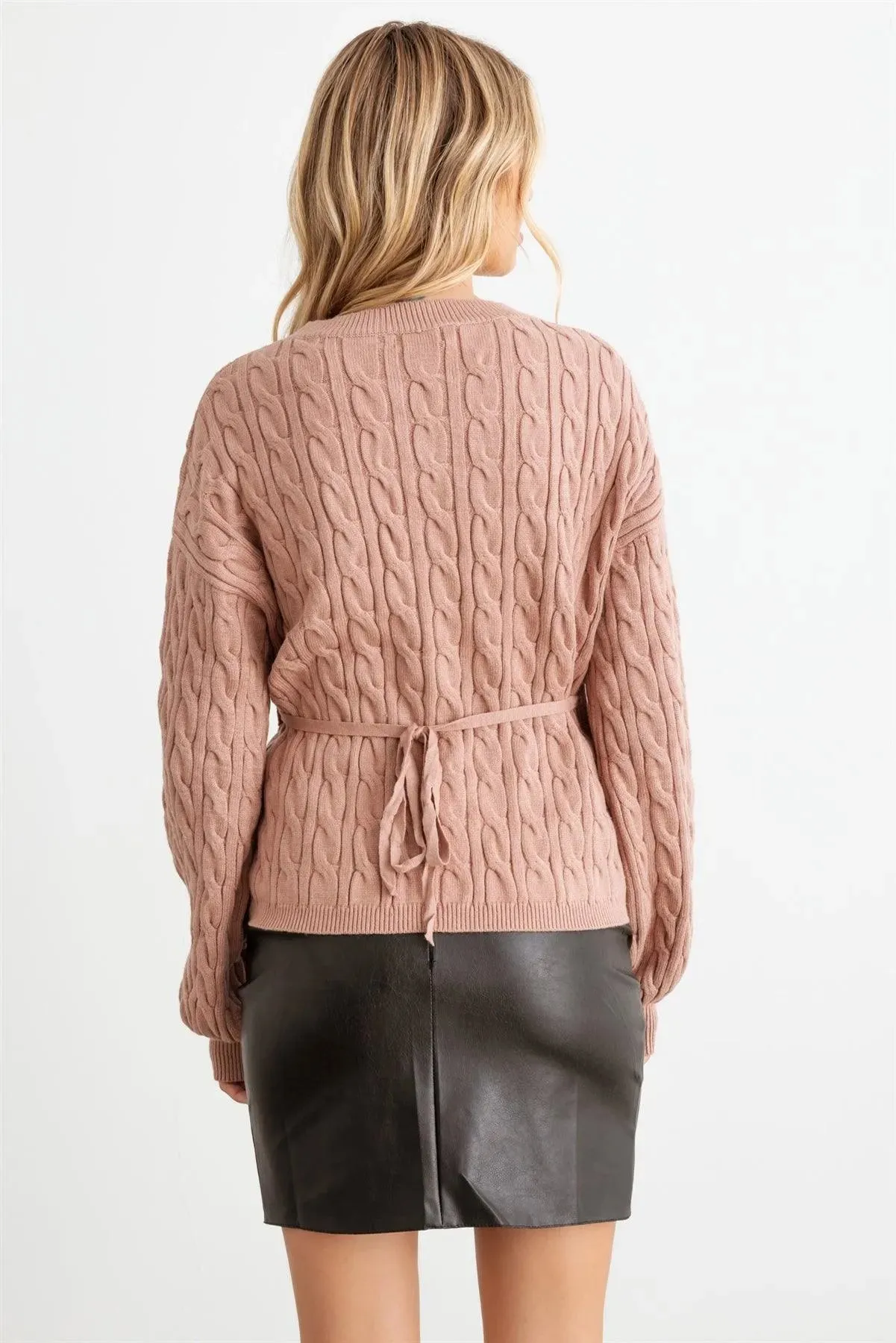 Coffee Cable Knit Wrap Tie Long Sleeve Sweater Cardigan /2-2-2