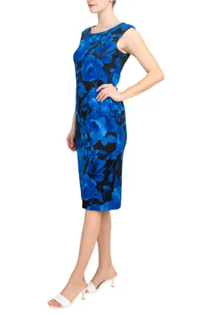 Connected Apparel boat neck sleeveless zipper closure floral print scuba crepe dress