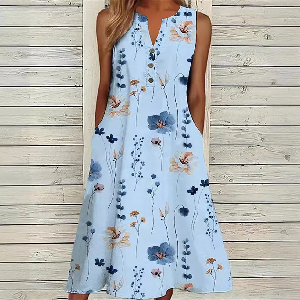 Floral Printed Sleeveless Midi Casual Dress