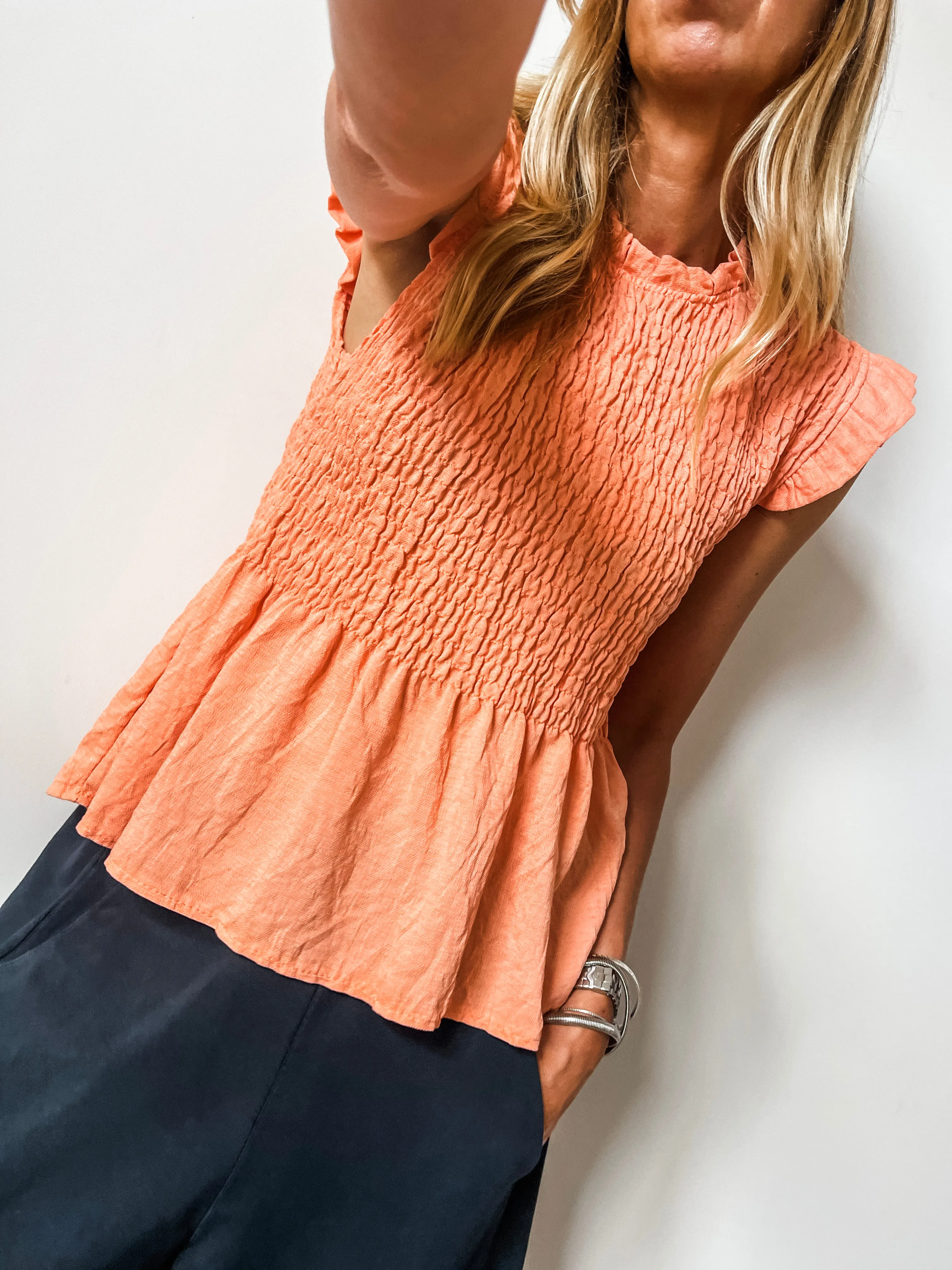 Frill Sleeve Shirred Top