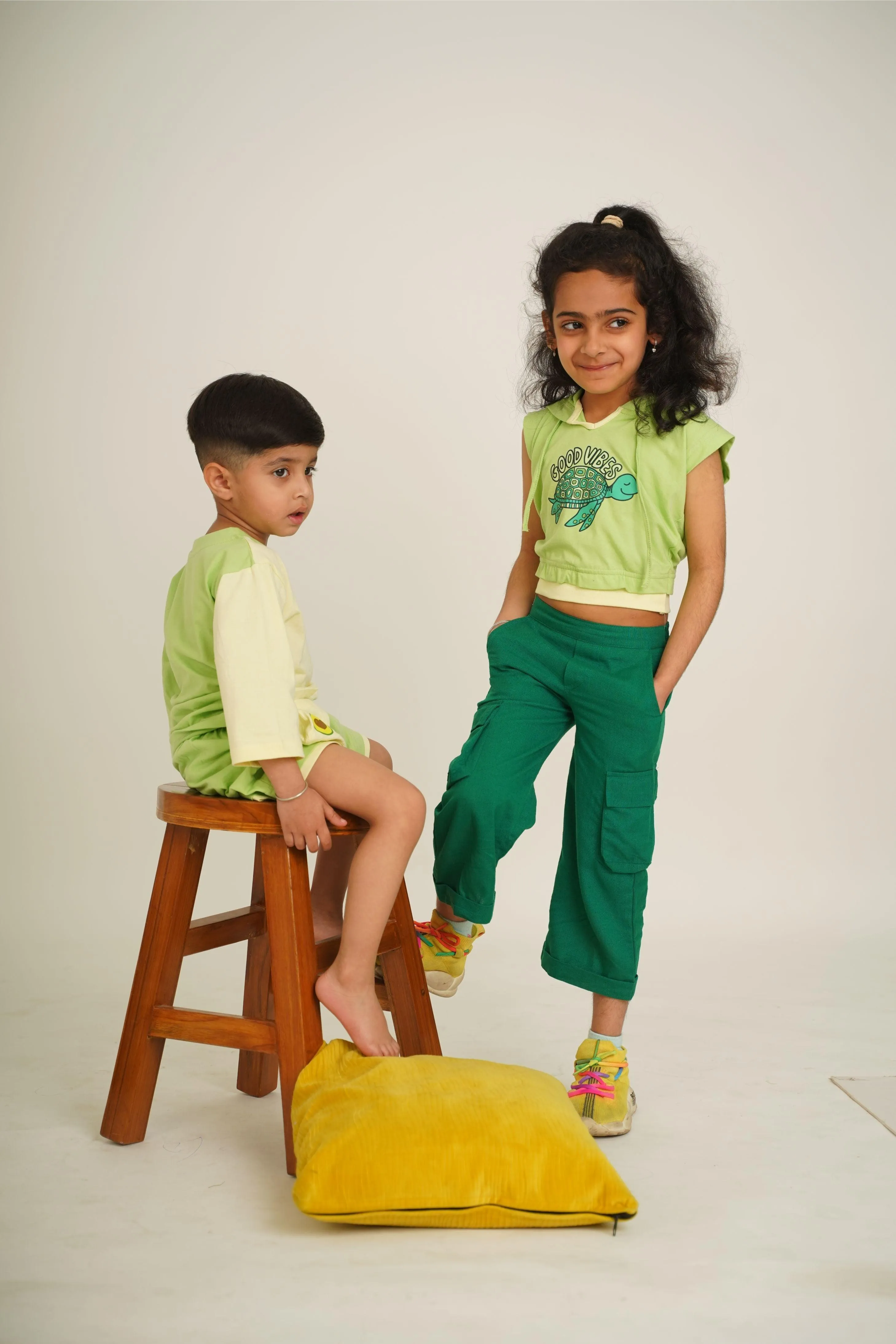 Girls 100% Cotton Knit hoodie with cargo pants set - Green