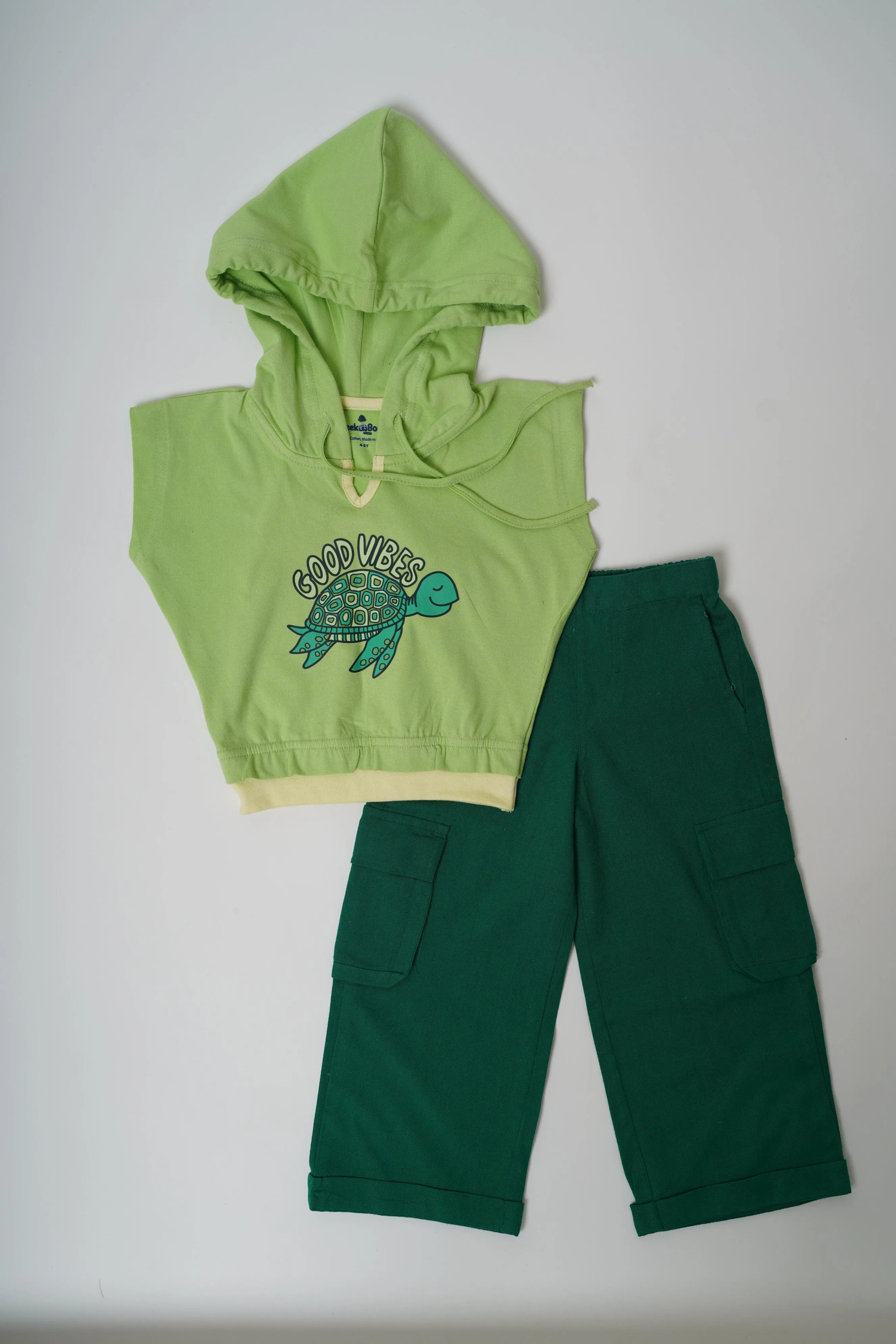 Girls 100% Cotton Knit hoodie with cargo pants set - Green