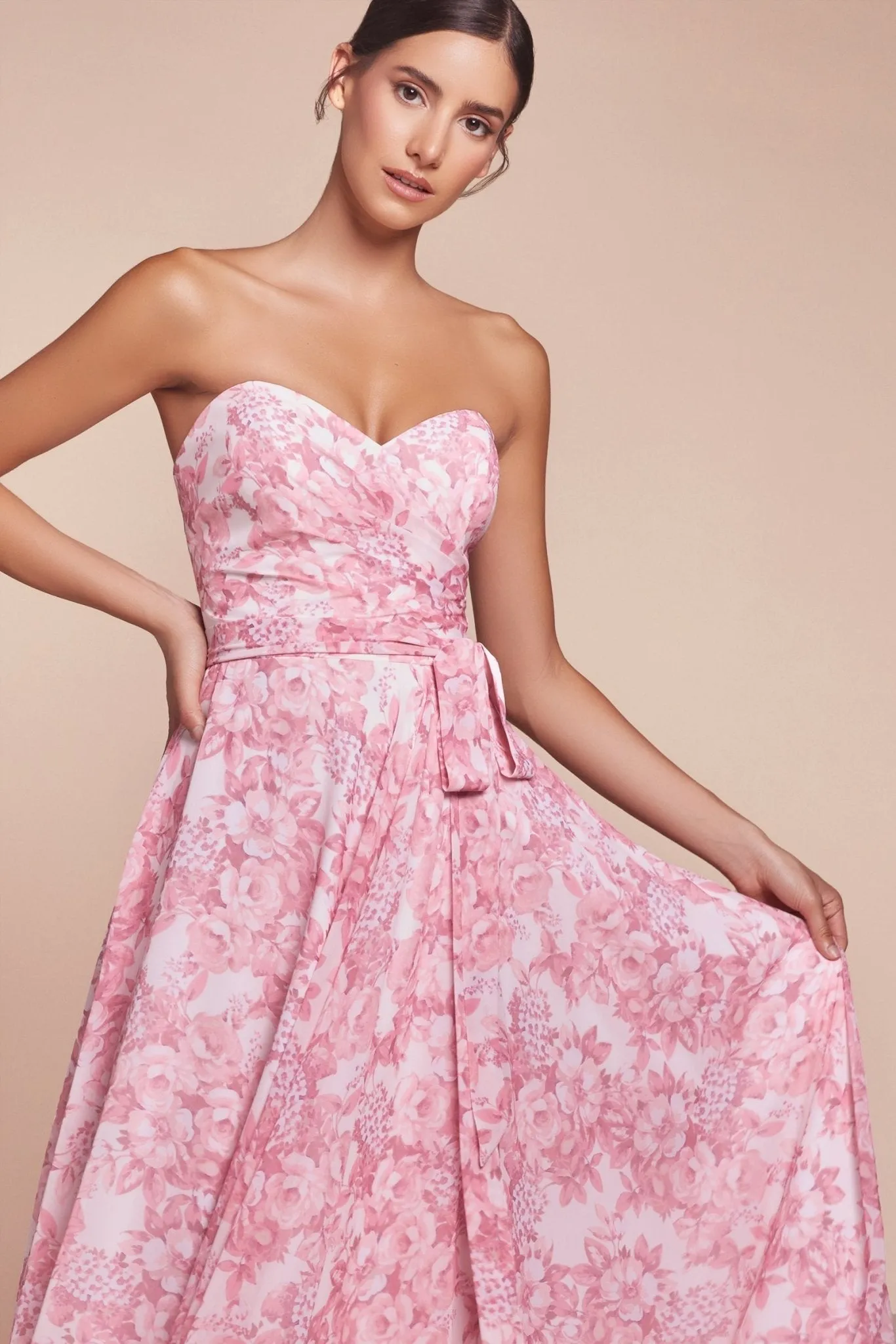 HELENA Strapless A-Line Floral Satin Bridesmaid Dress