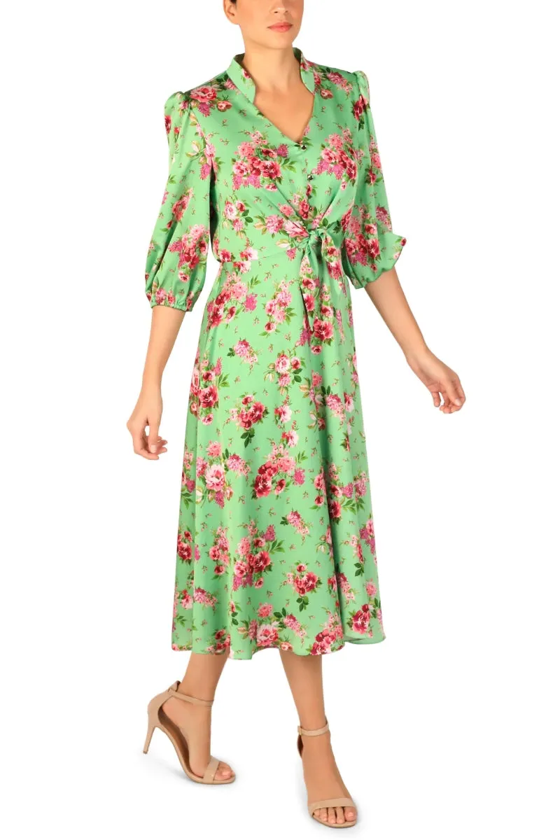 Julia Jordan Floral-Print Tie-Waist Midi Charmeuse Dress
