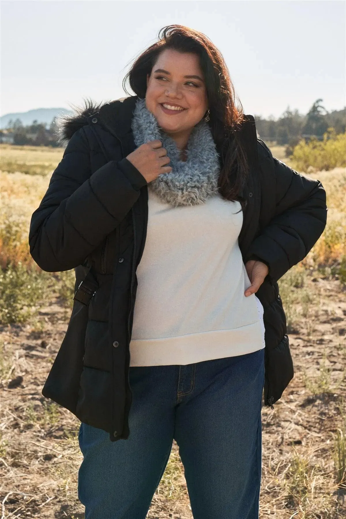 Junior Plus Black Faux Fur Harness Buckle Belt Detail Long Fitted Puffer Jacket /1-1-1-1