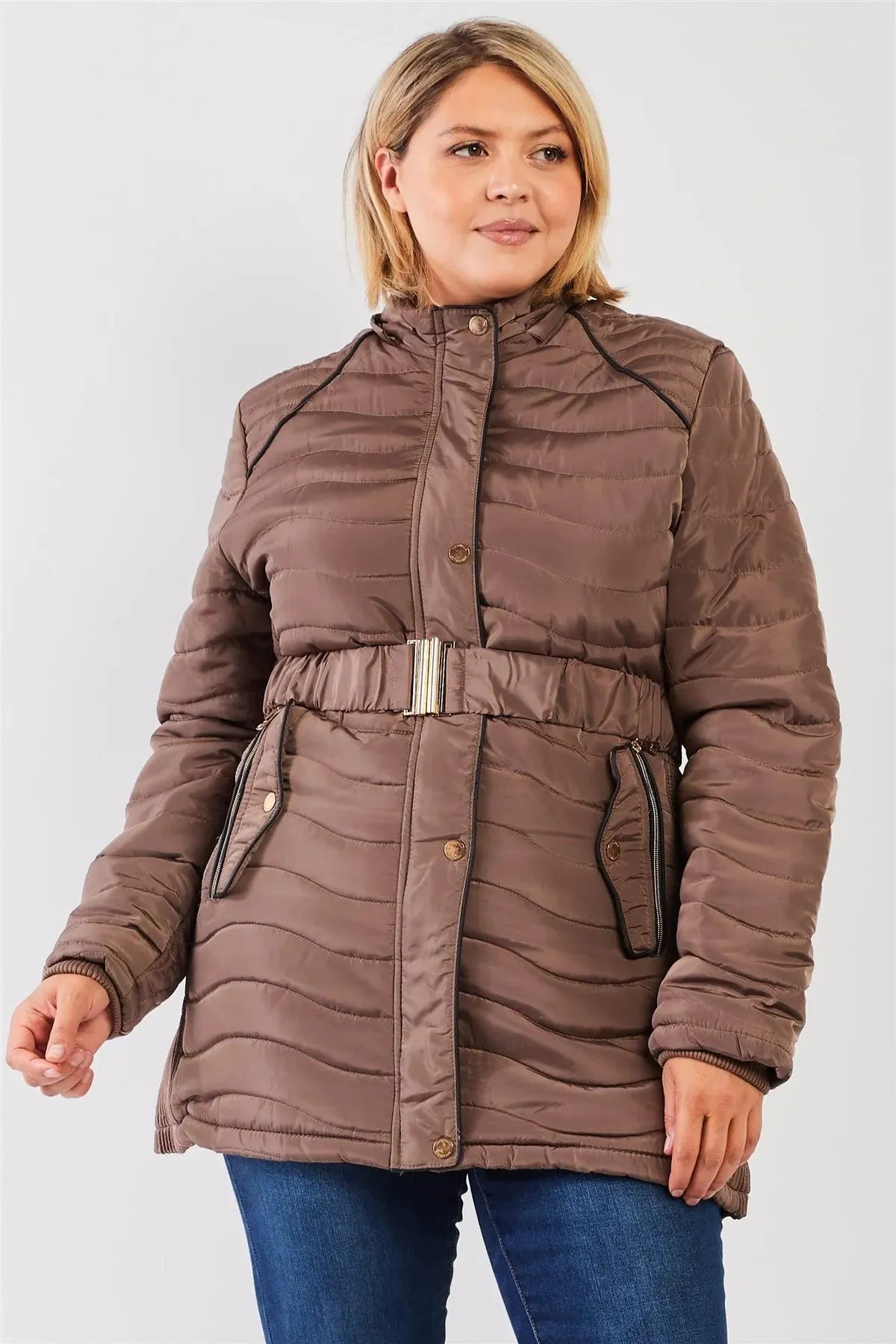 Junior Plus Brown Wavy Quilt Padded Faux Fur Detachable Hood Belted Long Puffer Jacket /2-2-1