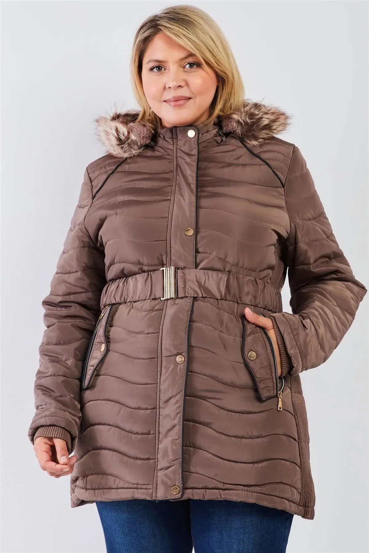 Junior Plus Brown Wavy Quilt Padded Faux Fur Detachable Hood Belted Long Puffer Jacket /2-2-1