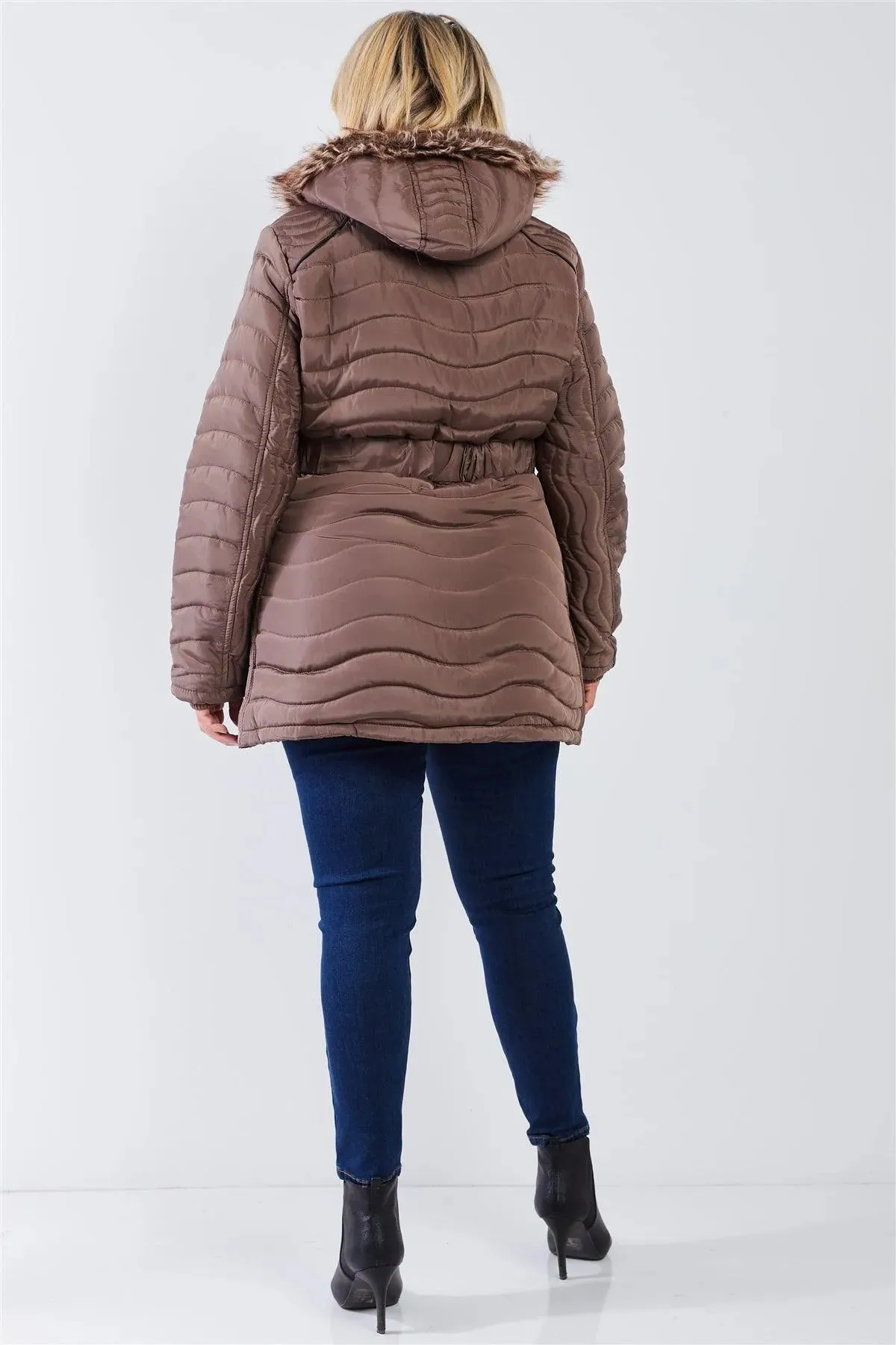 Junior Plus Brown Wavy Quilt Padded Faux Fur Detachable Hood Belted Long Puffer Jacket /2-2-1
