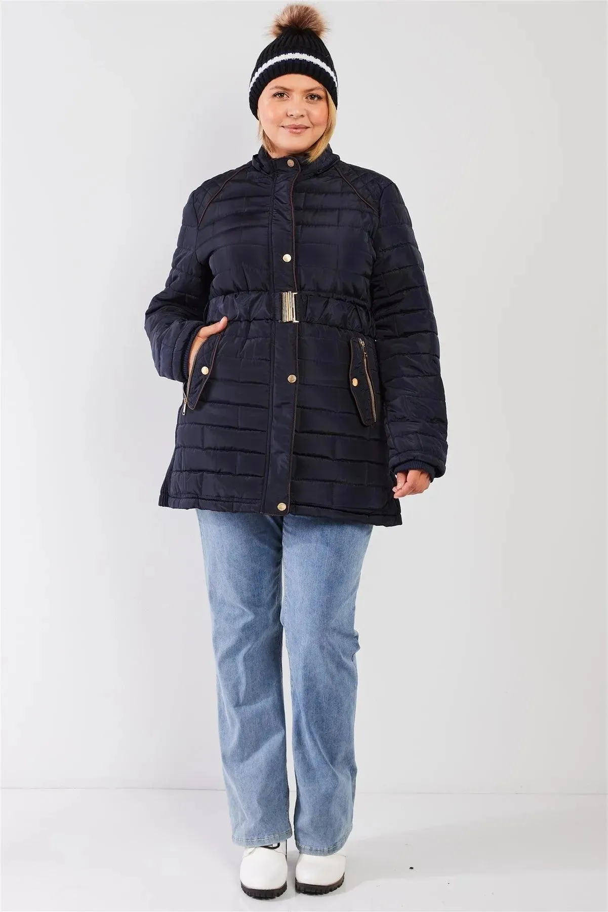Junior Plus Navy Diamond Quilt Faux Fur Hood Belted Padded Long Puffer Jacket /1-1-1-1