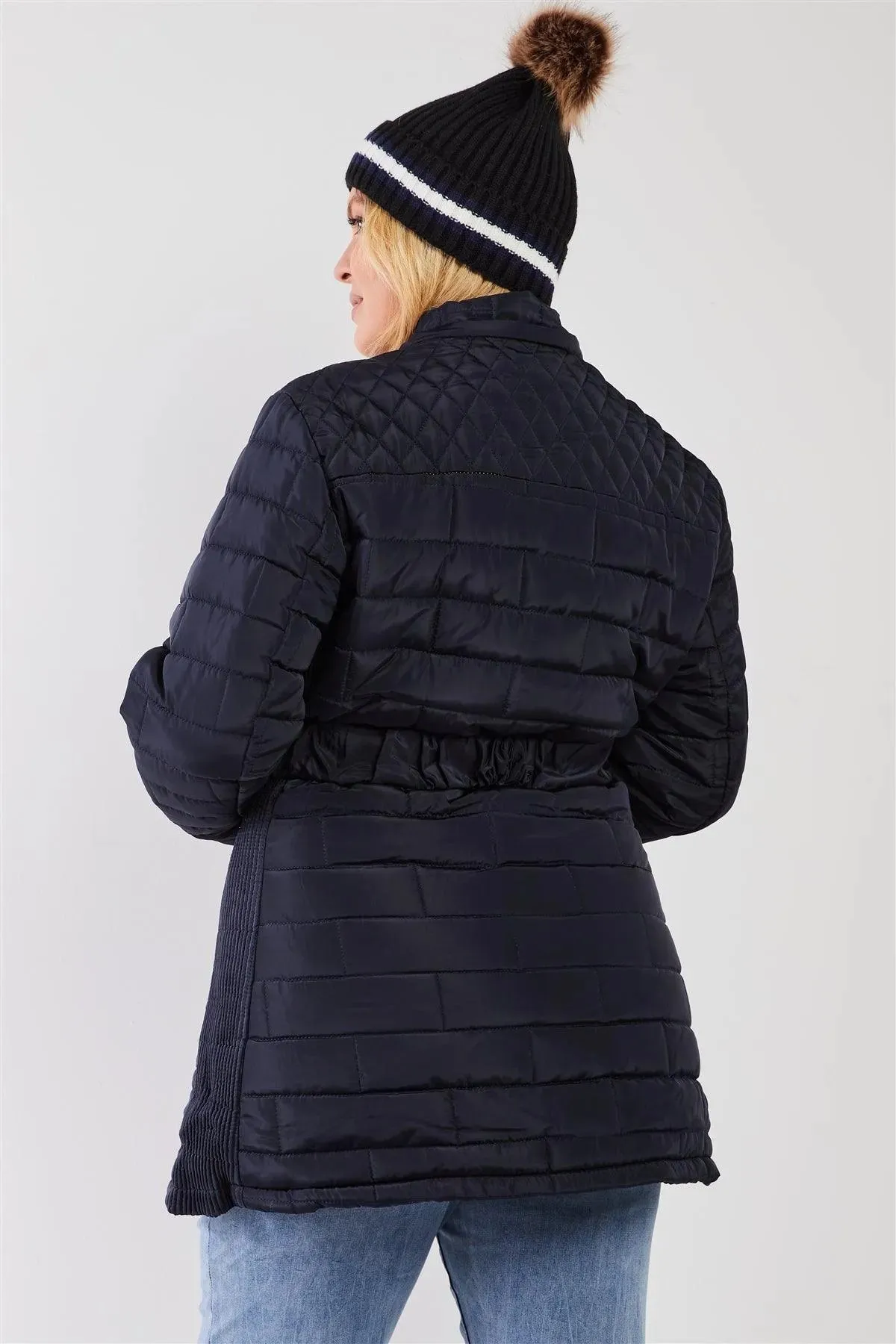 Junior Plus Navy Diamond Quilt Faux Fur Hood Belted Padded Long Puffer Jacket /1-1-1-1