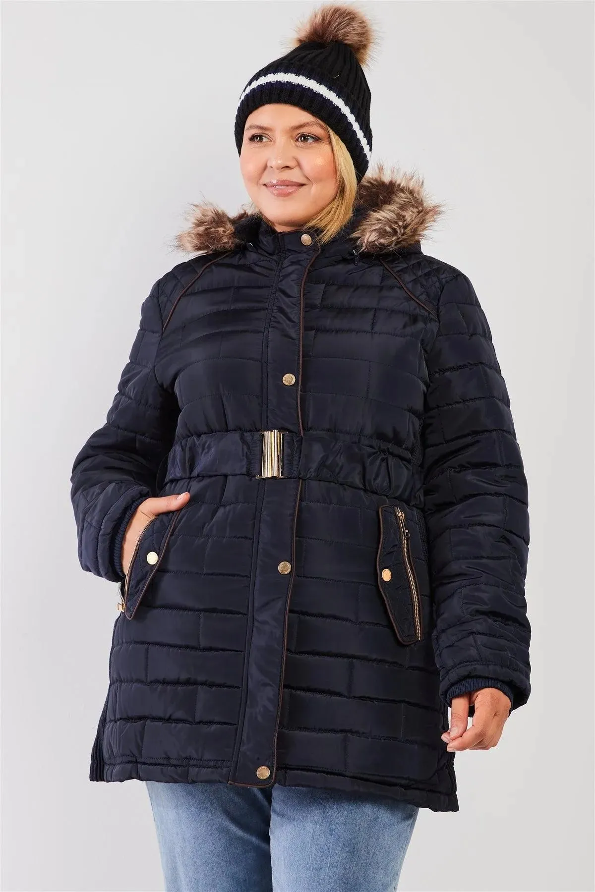 Junior Plus Navy Diamond Quilt Faux Fur Hood Belted Padded Long Puffer Jacket /1-1-1-1
