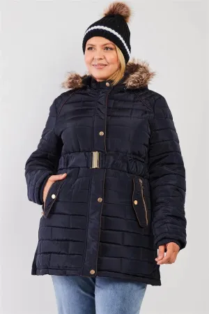 Junior Plus Navy Diamond Quilt Faux Fur Hood Belted Padded Long Puffer Jacket /1-1-1-1