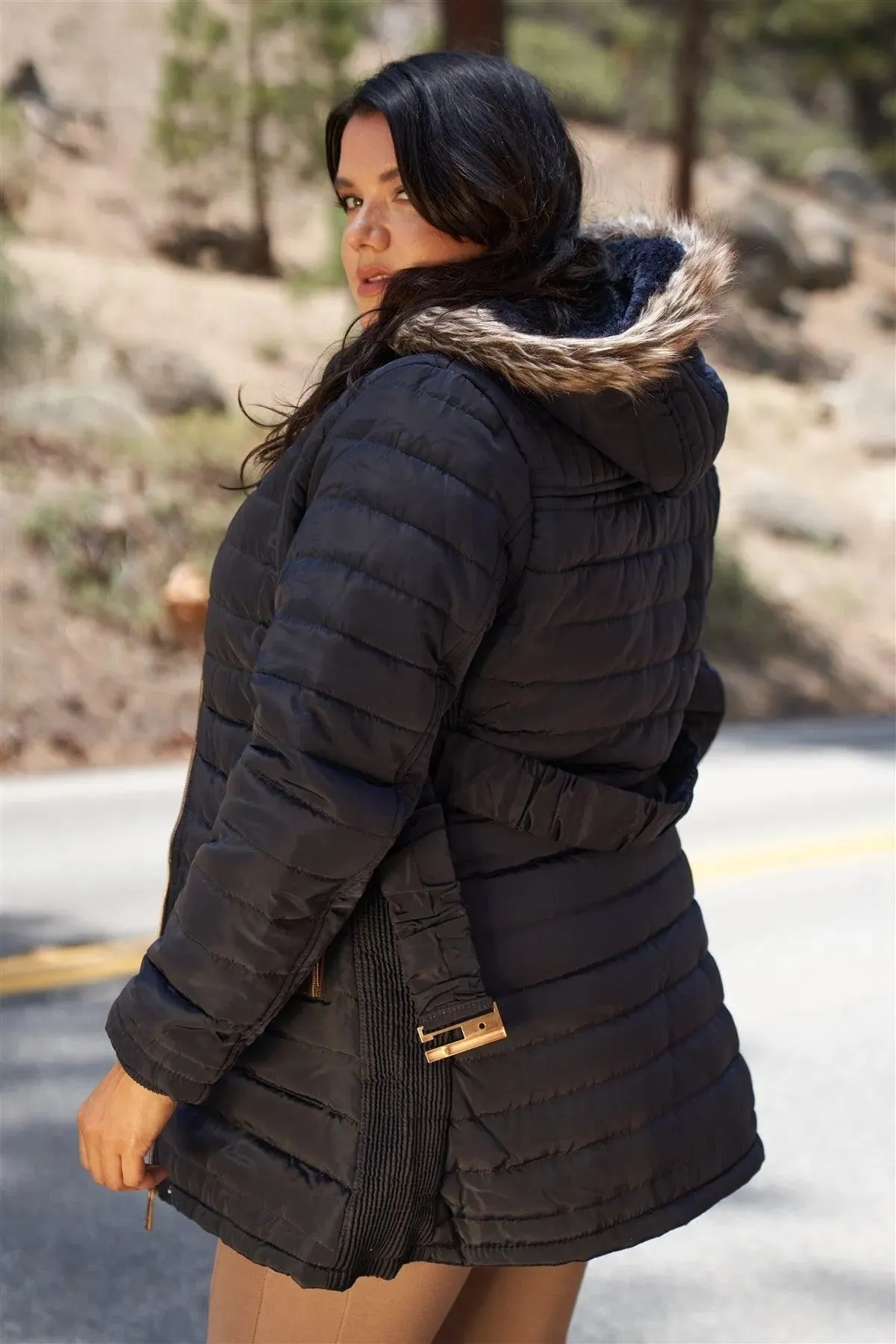 Junior Plus Navy Parallel Quilt Faux Fur Hood Belted Padded Long Puffer Jacket /1-1-1-1