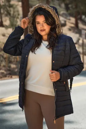 Junior Plus Navy Parallel Quilt Faux Fur Hood Belted Padded Long Puffer Jacket /1-1-1-1