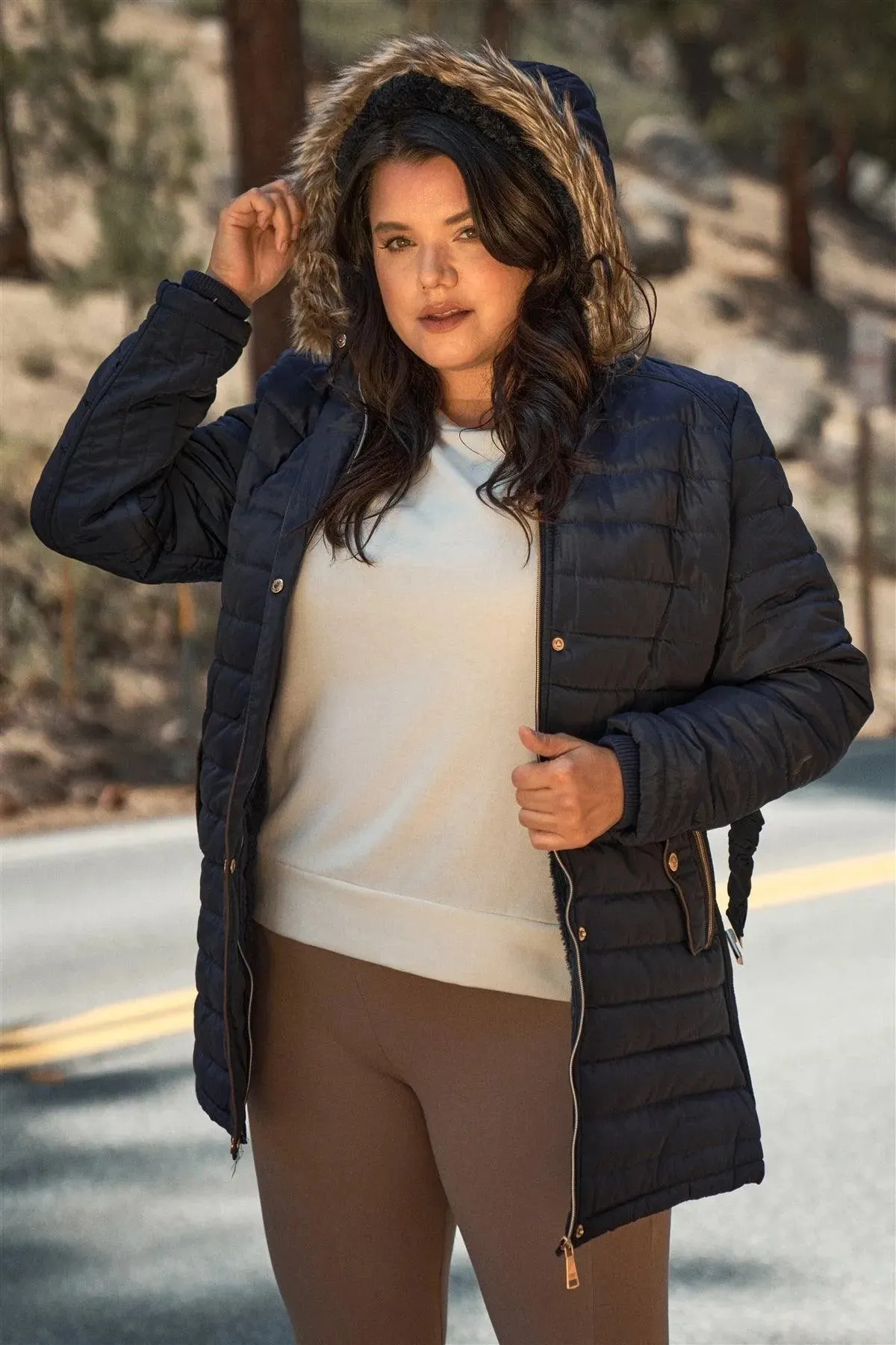 Junior Plus Navy Parallel Quilt Faux Fur Hood Belted Padded Long Puffer Jacket /1-1-1-1
