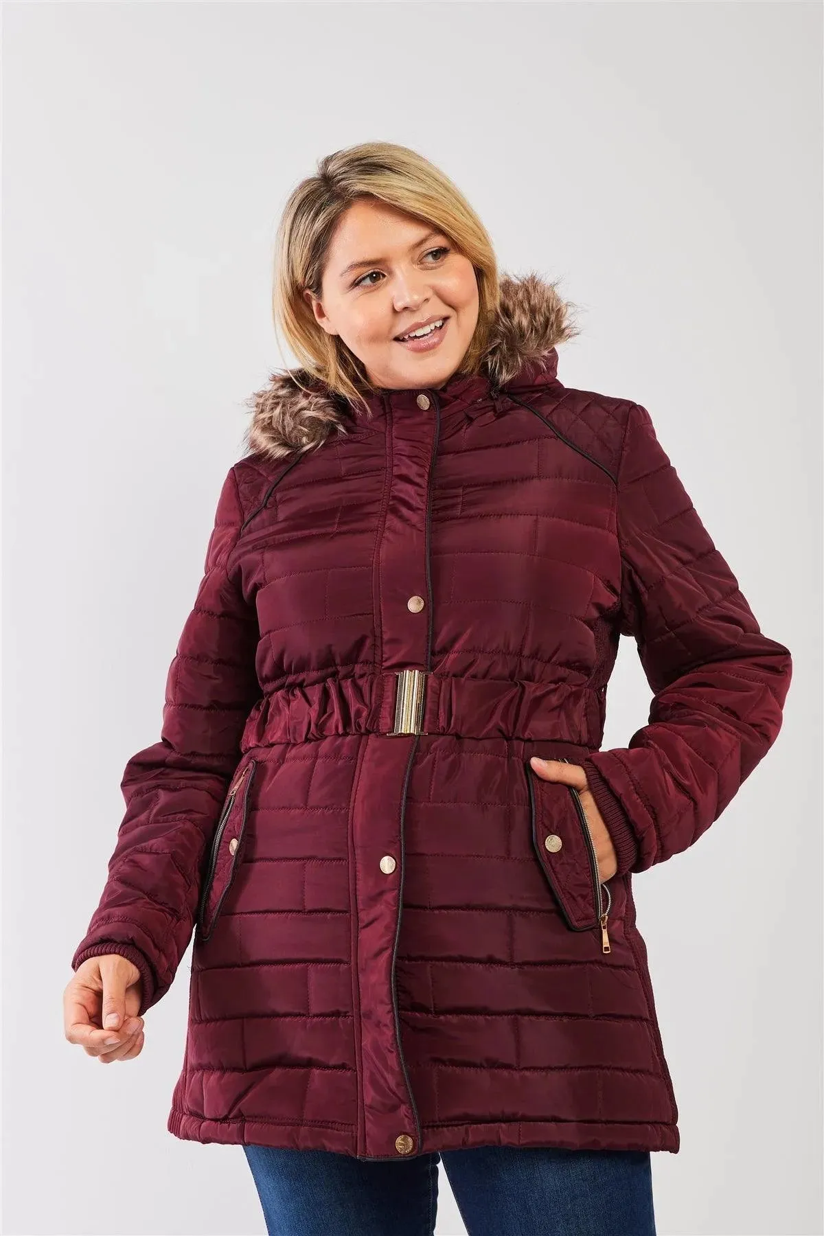 Junior Plus Wine Diamond Quilt Faux Fur Hood Belted Padded Long Puffer Jacket /1-1-1-1