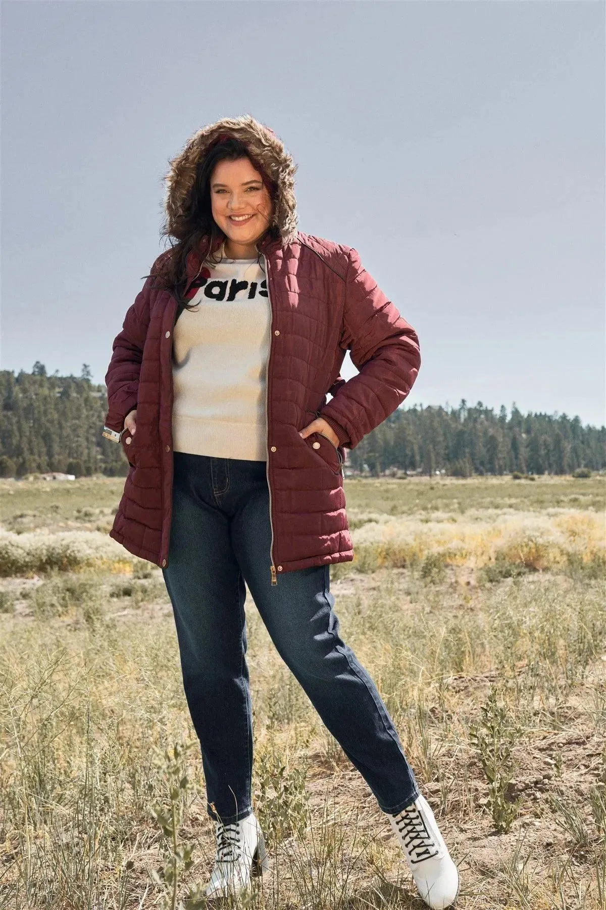 Junior Plus Wine Diamond Quilt Faux Fur Hood Belted Padded Long Puffer Jacket /1-1-1-1