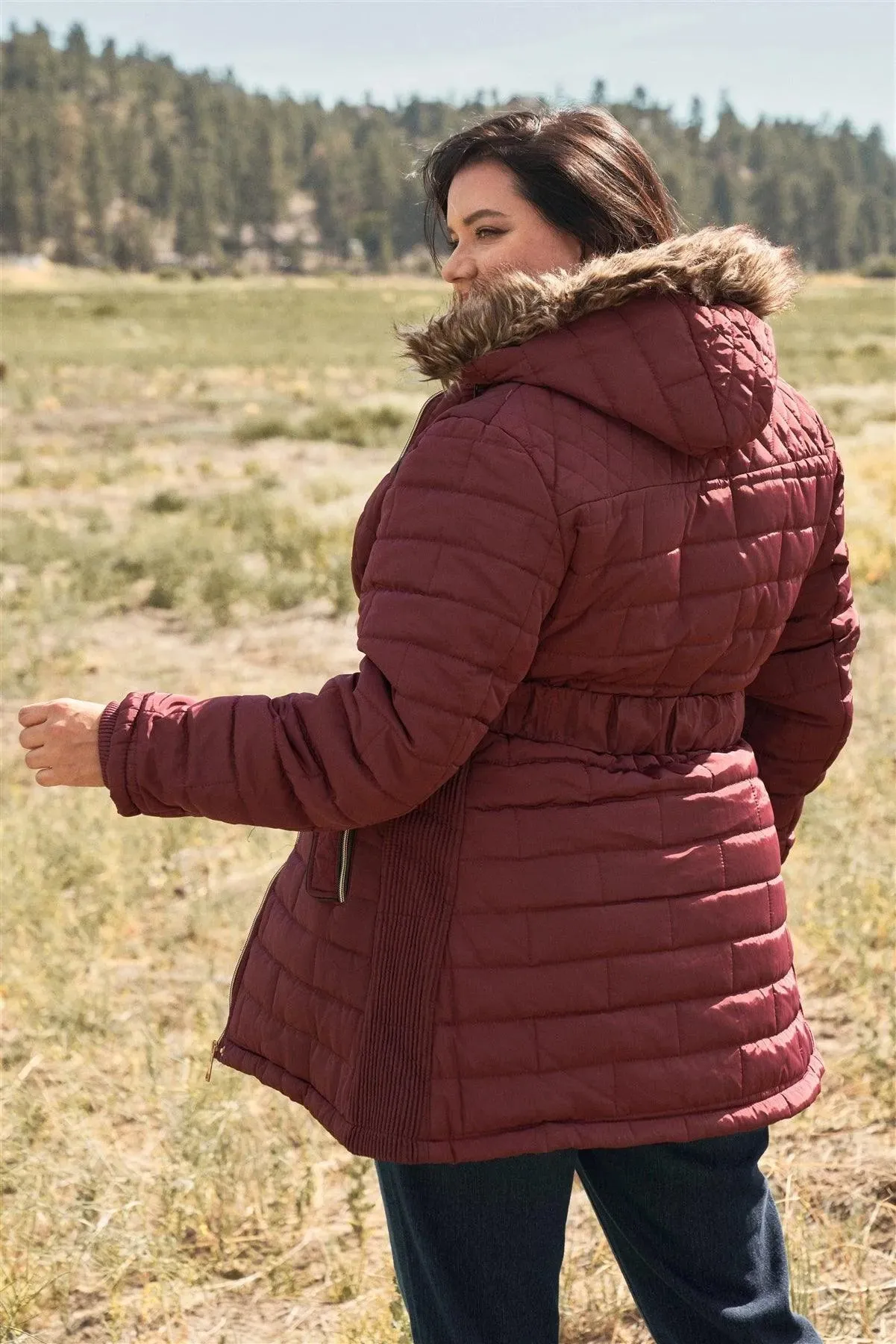 Junior Plus Wine Diamond Quilt Faux Fur Hood Belted Padded Long Puffer Jacket /1-1-1-1