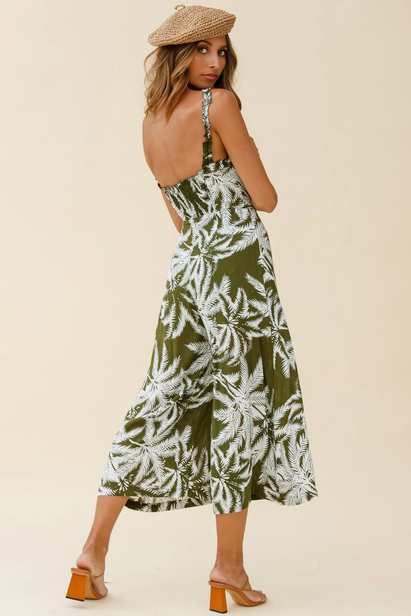 Magdalene Frill Strap Midi Jumpsuit Palm Print Olive