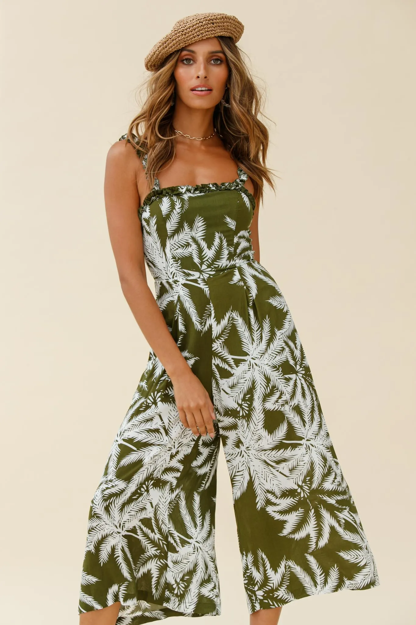Magdalene Frill Strap Midi Jumpsuit Palm Print Olive