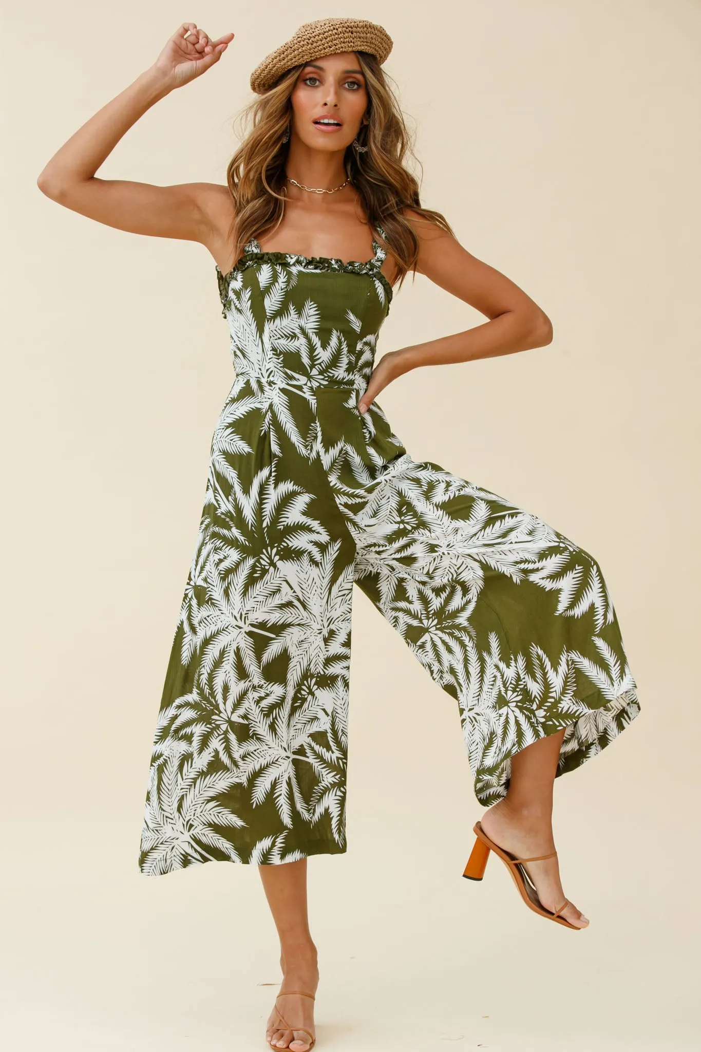 Magdalene Frill Strap Midi Jumpsuit Palm Print Olive