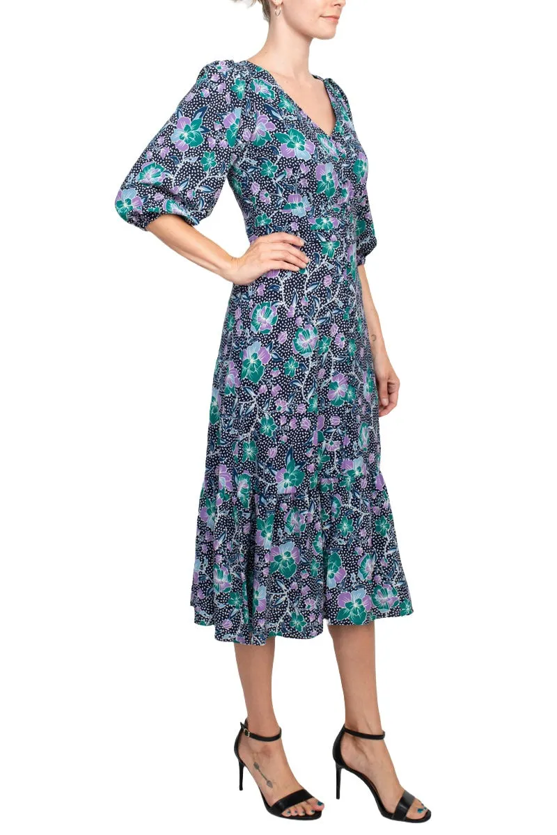 Maggy London V-Neck 3/4 Sleeve Elastic Cuff’s Pleated Faux Button Front Zipper Back Flutter Hem Floral Print Crepe Dress